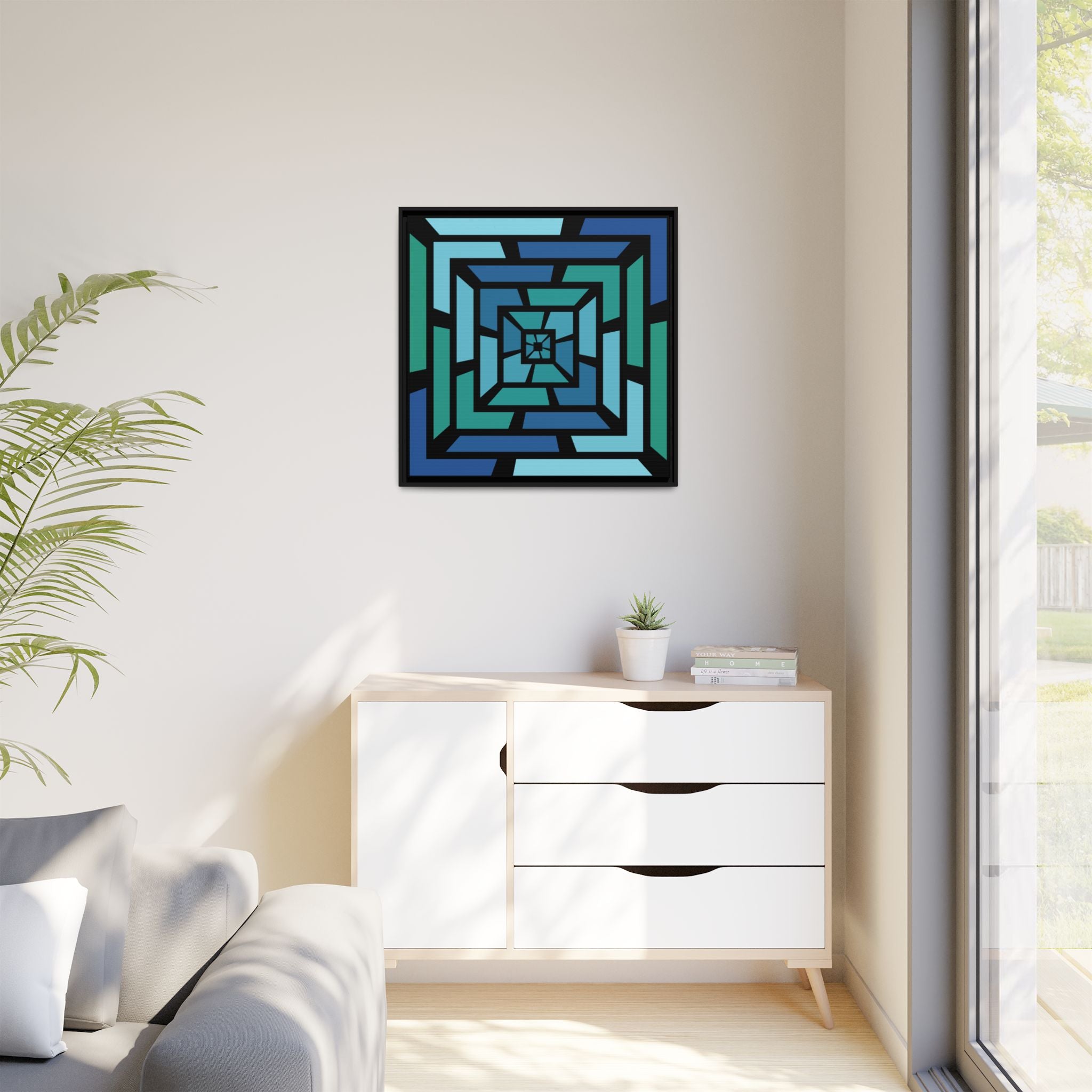 Framed Geometric Maze Canvas — Blue & Teal Modern Wall Art