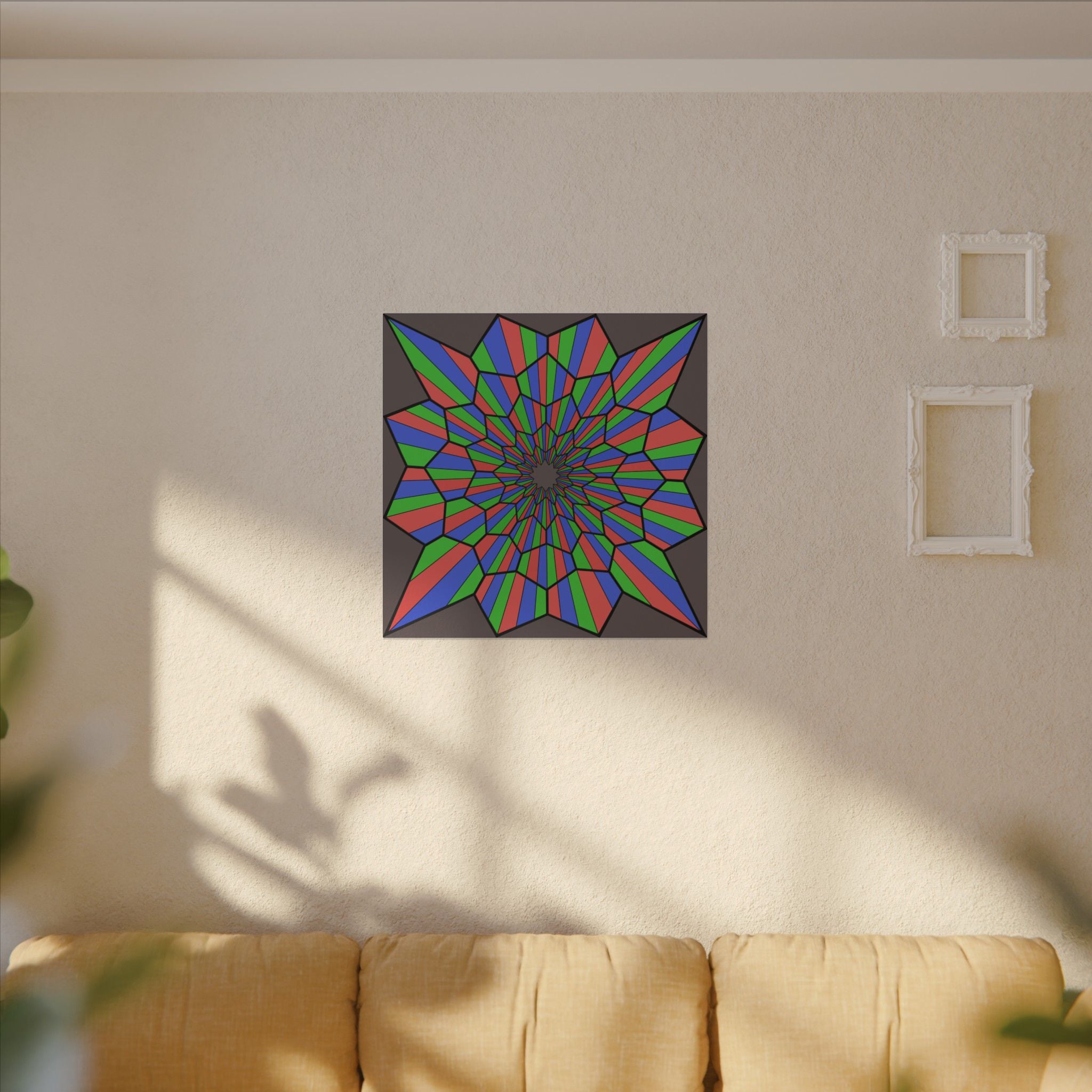 Geometric Starburst Canvas Art — Vibrant Red Blue Green Kaleidoscope Wall Decor