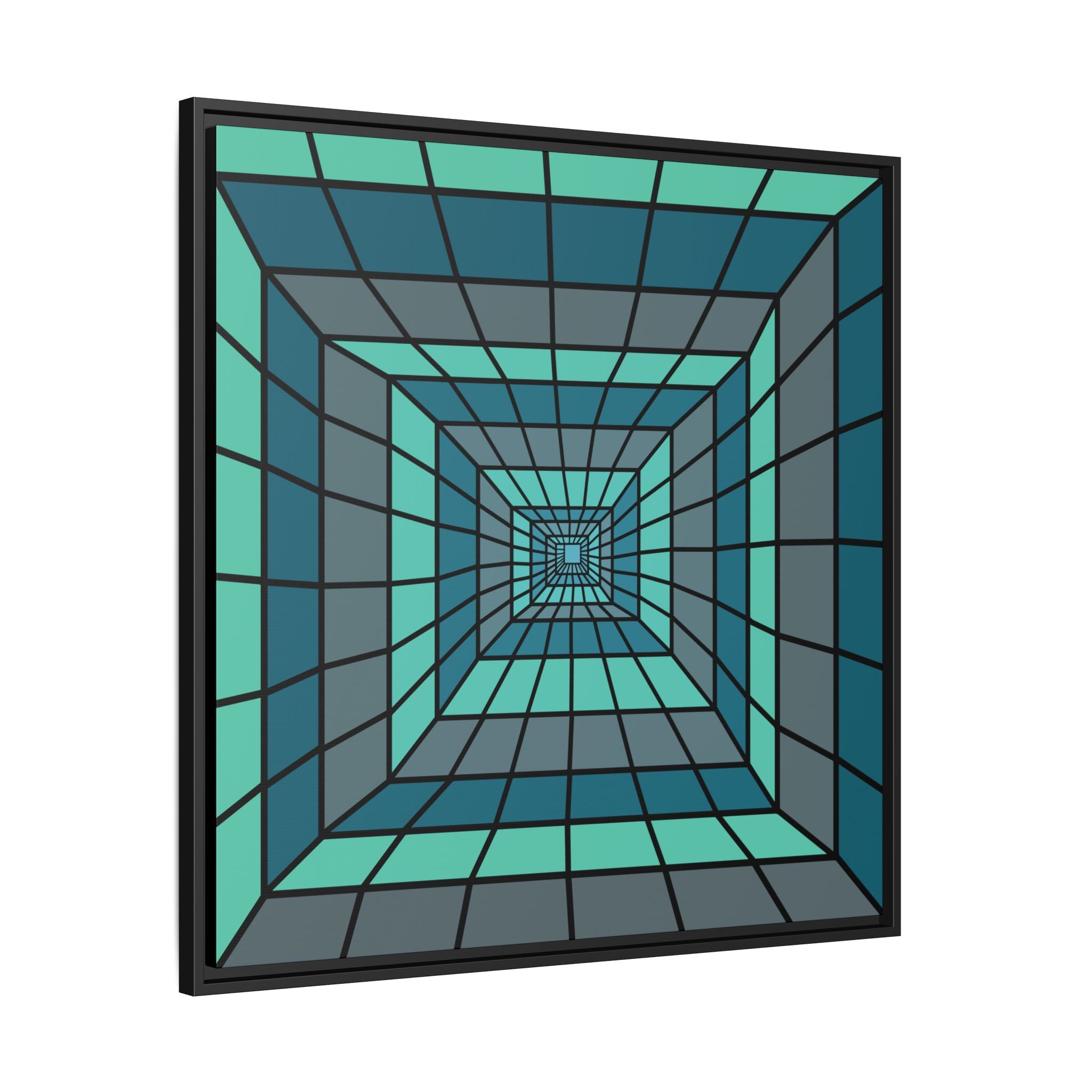 Framed Geometric Tunnel Canvas Print — Teal Optical Illusion Wall Art