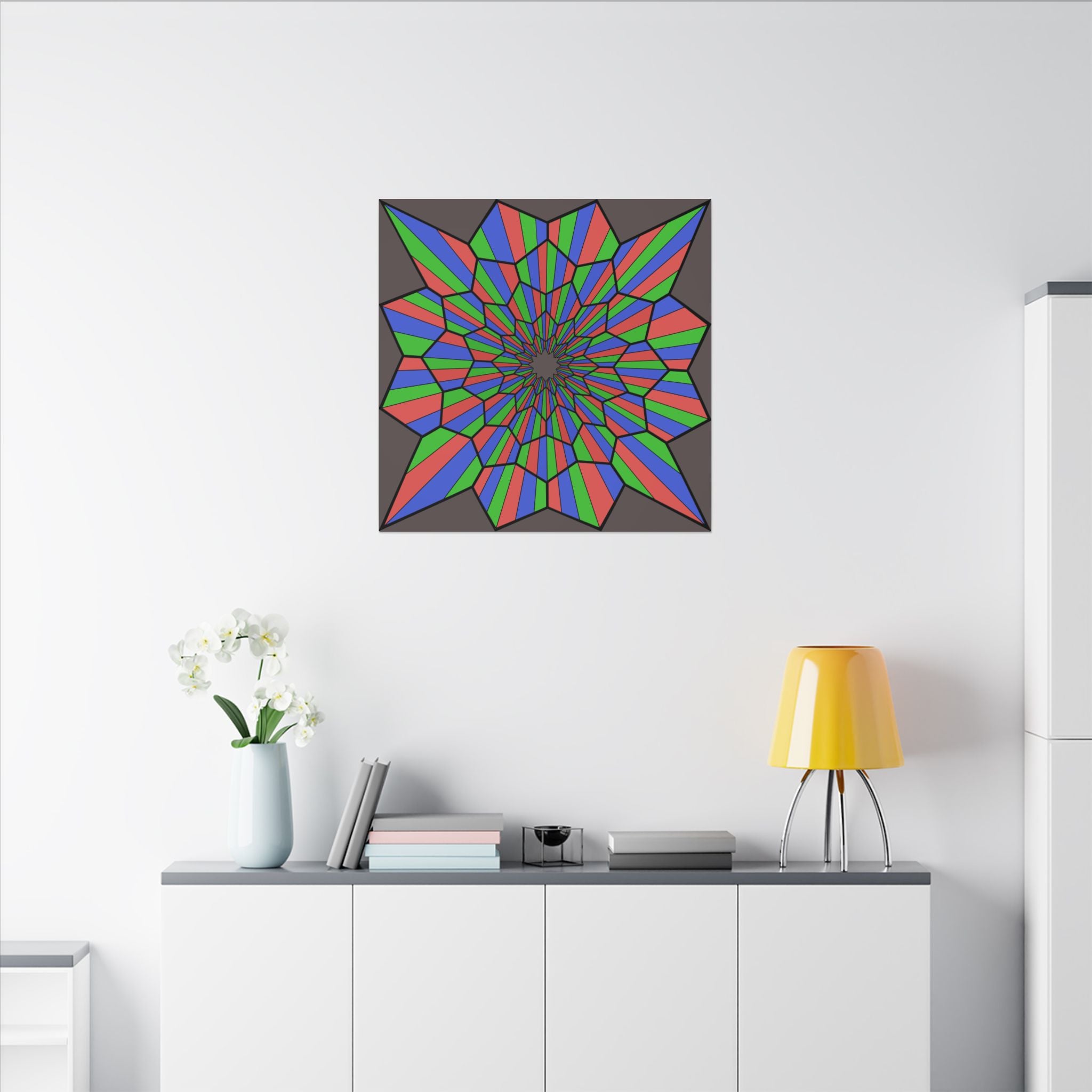 Geometric Starburst Canvas Art — Vibrant Red Blue Green Kaleidoscope Wall Decor