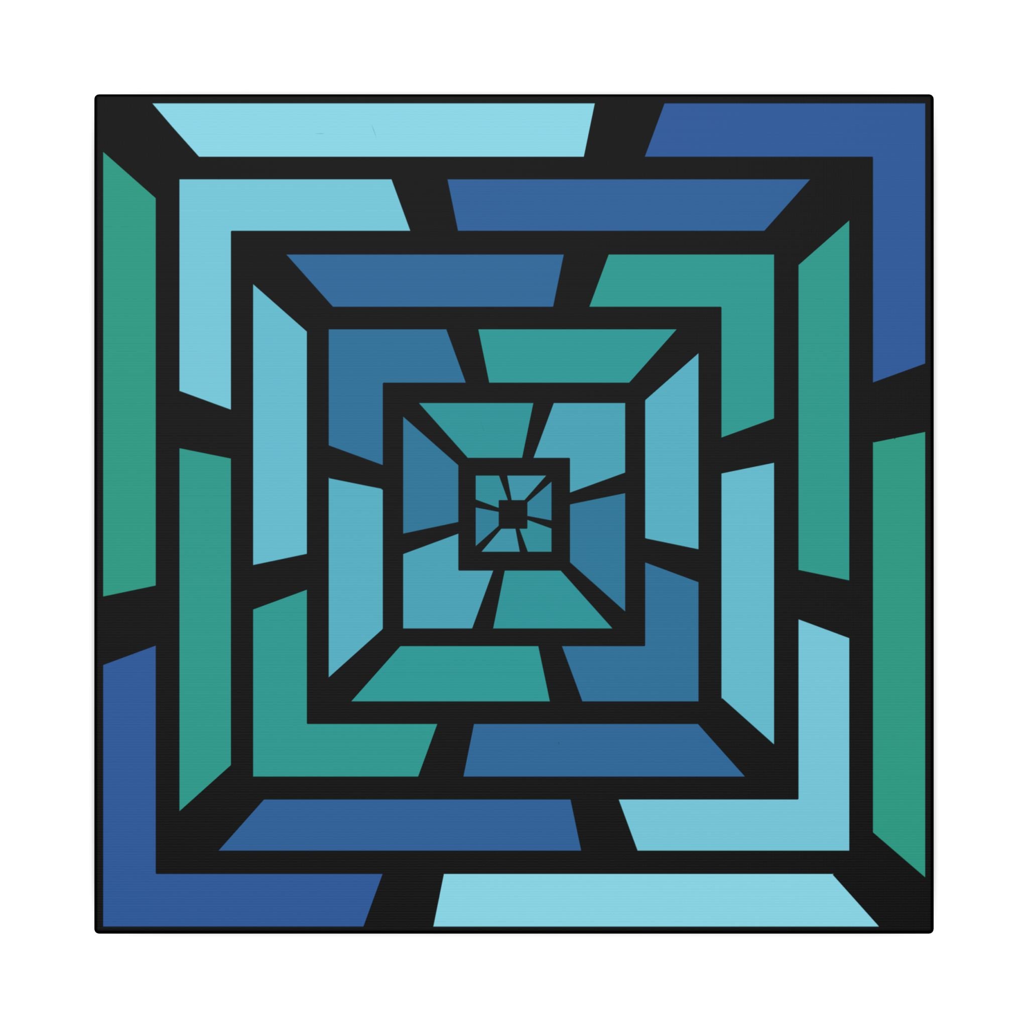 Geometric Spiral Canvas Print — Blue Green Optical Wall Art 14" x 14" 0.75''
