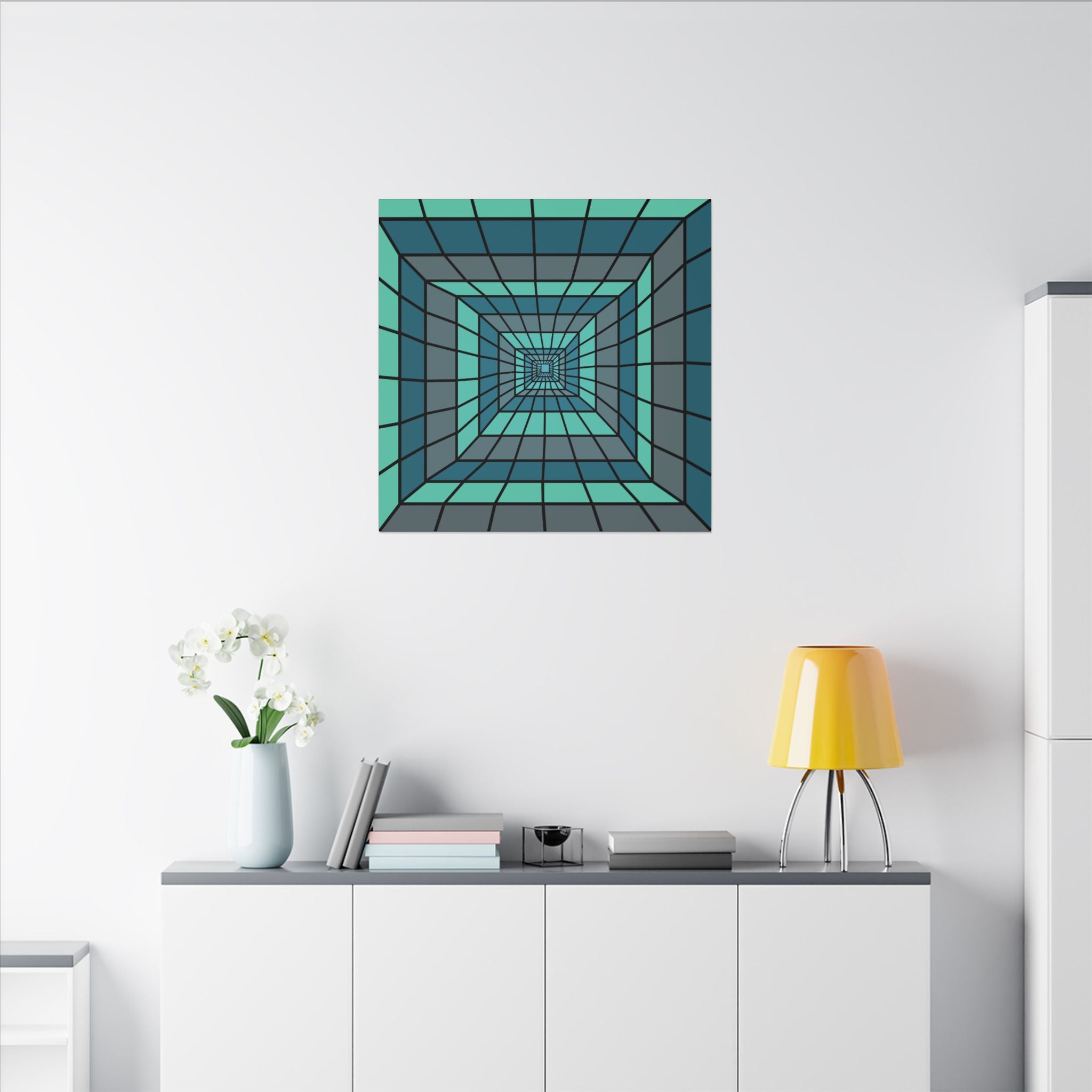 Teal Geometric Tunnel Matte Canvas Wall Art — Optical Illusion Square Print