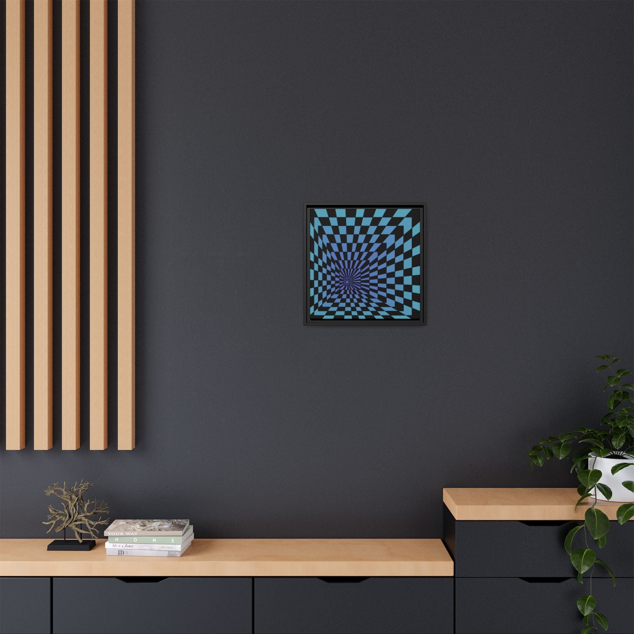 Framed Matte Canvas — Blue Optical Illusion Checkerboard Wall Art