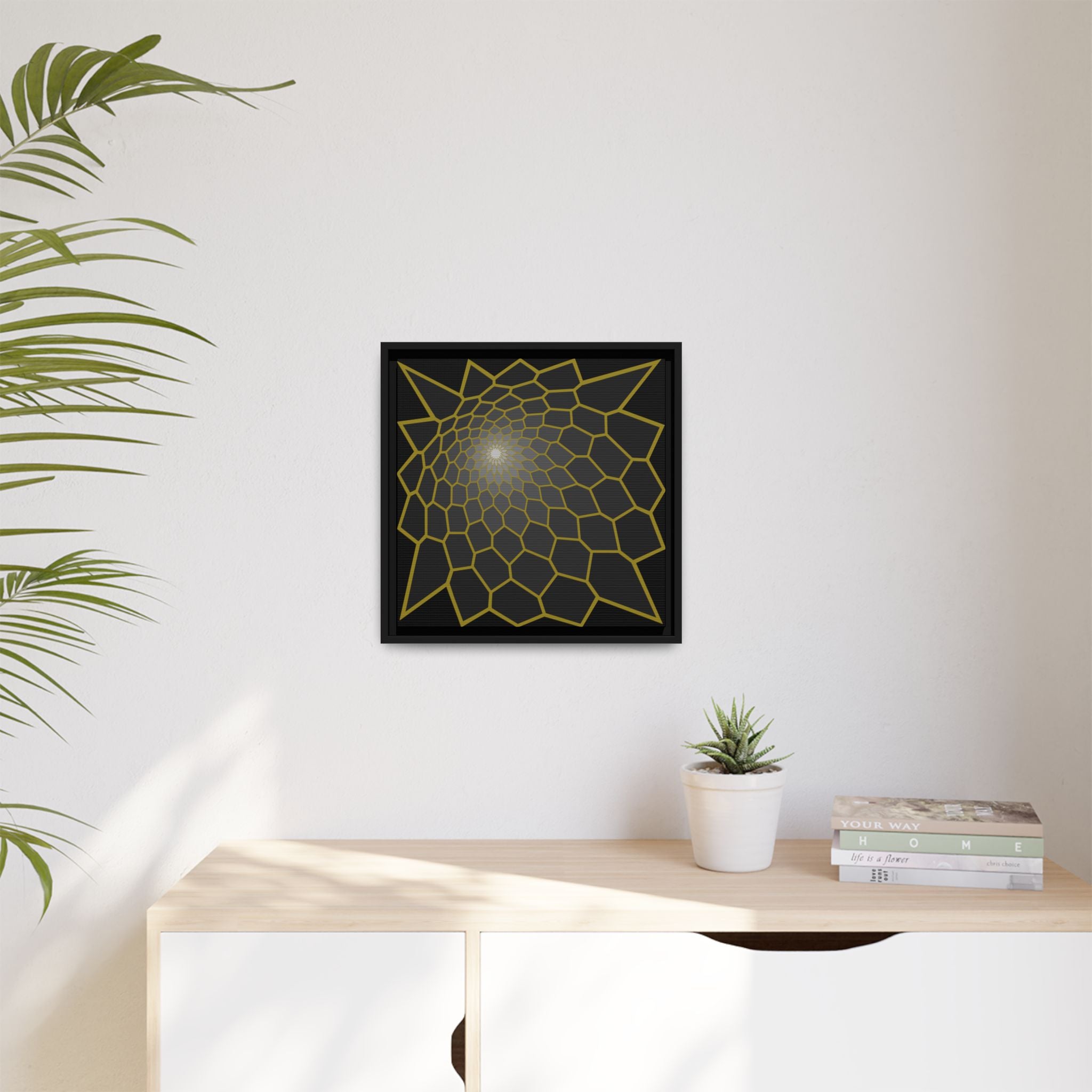 Framed Geometric Spiral Canvas Art — Gold Pattern on Matte Black