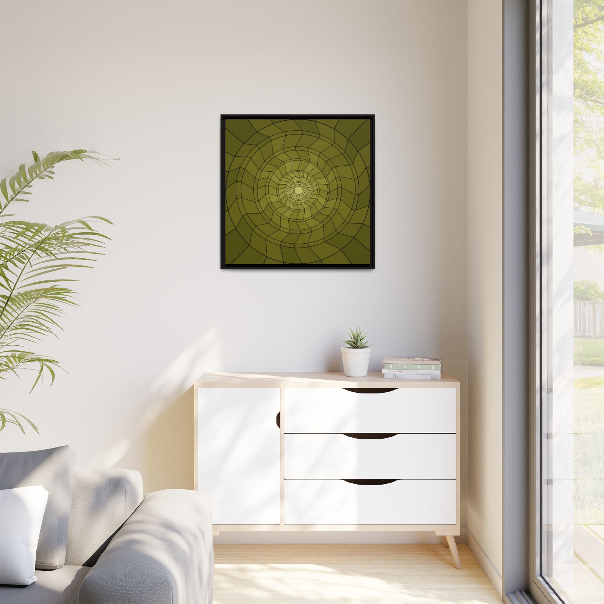 Framed Abstract Spiral Canvas Art — Olive Geometric Wall Decor