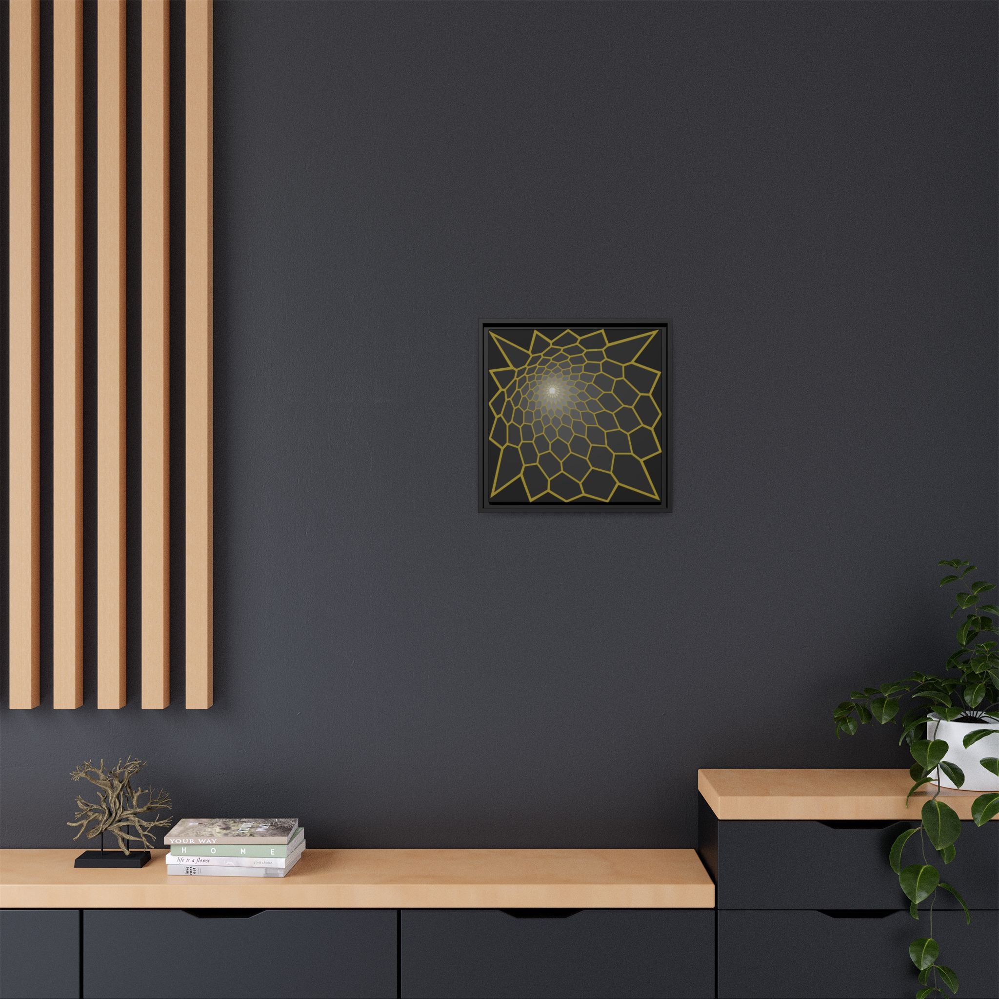 Framed Geometric Spiral Canvas Art — Gold Pattern on Matte Black