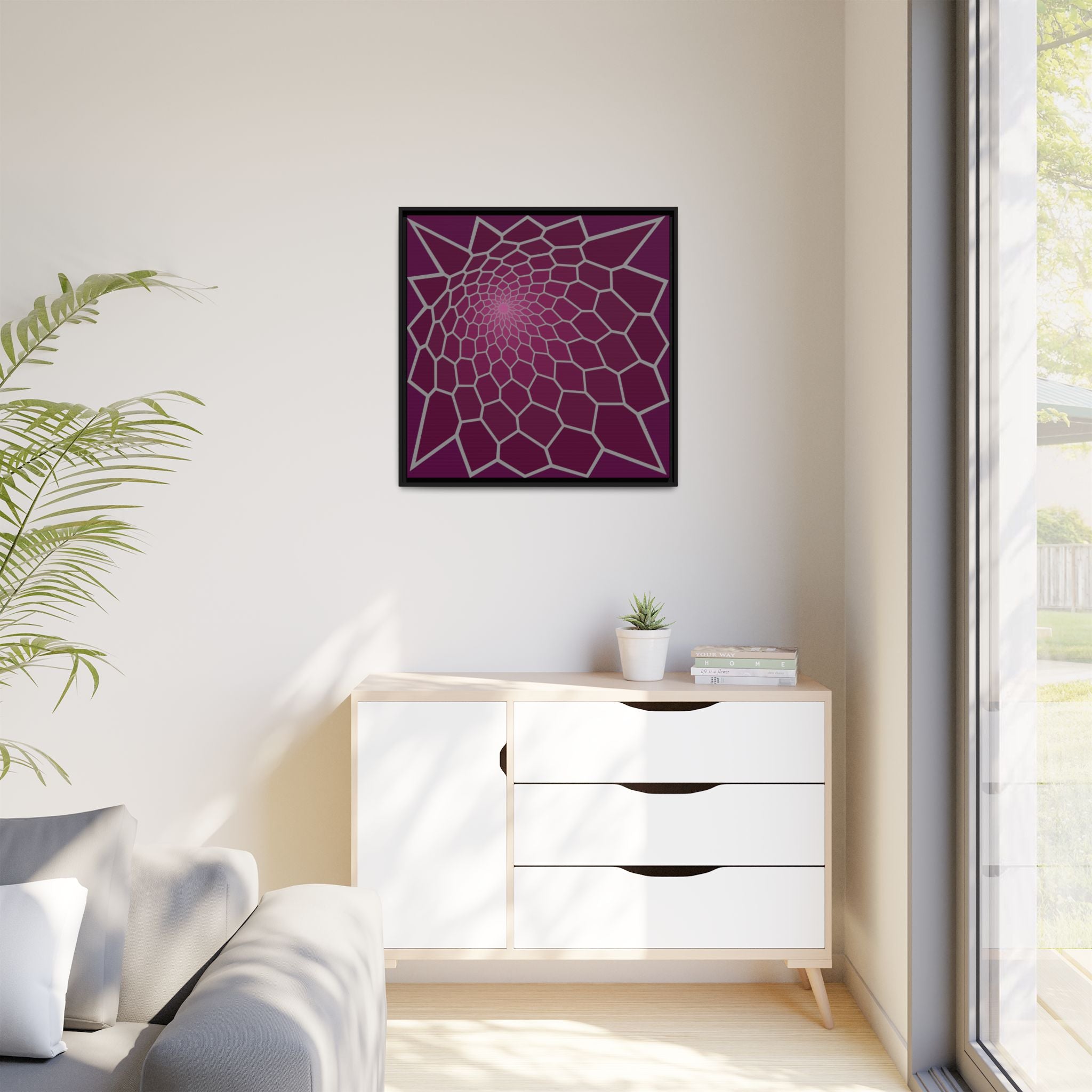 Geometric Spiral Framed Canvas Art — Modern Purple Web Pattern