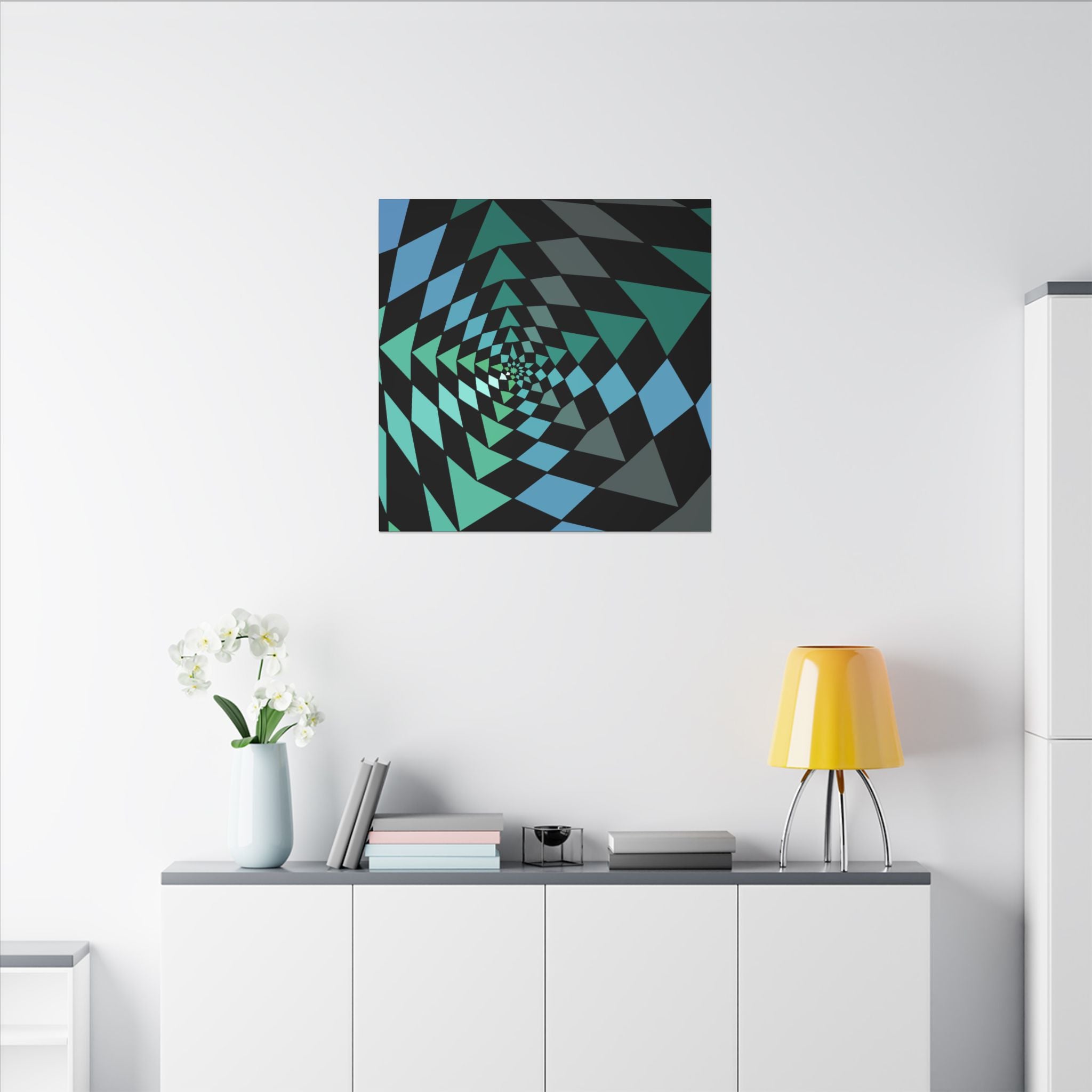 Geometric Spiral Canvas Art - Teal & Blue Optical Illusion Wall Decor