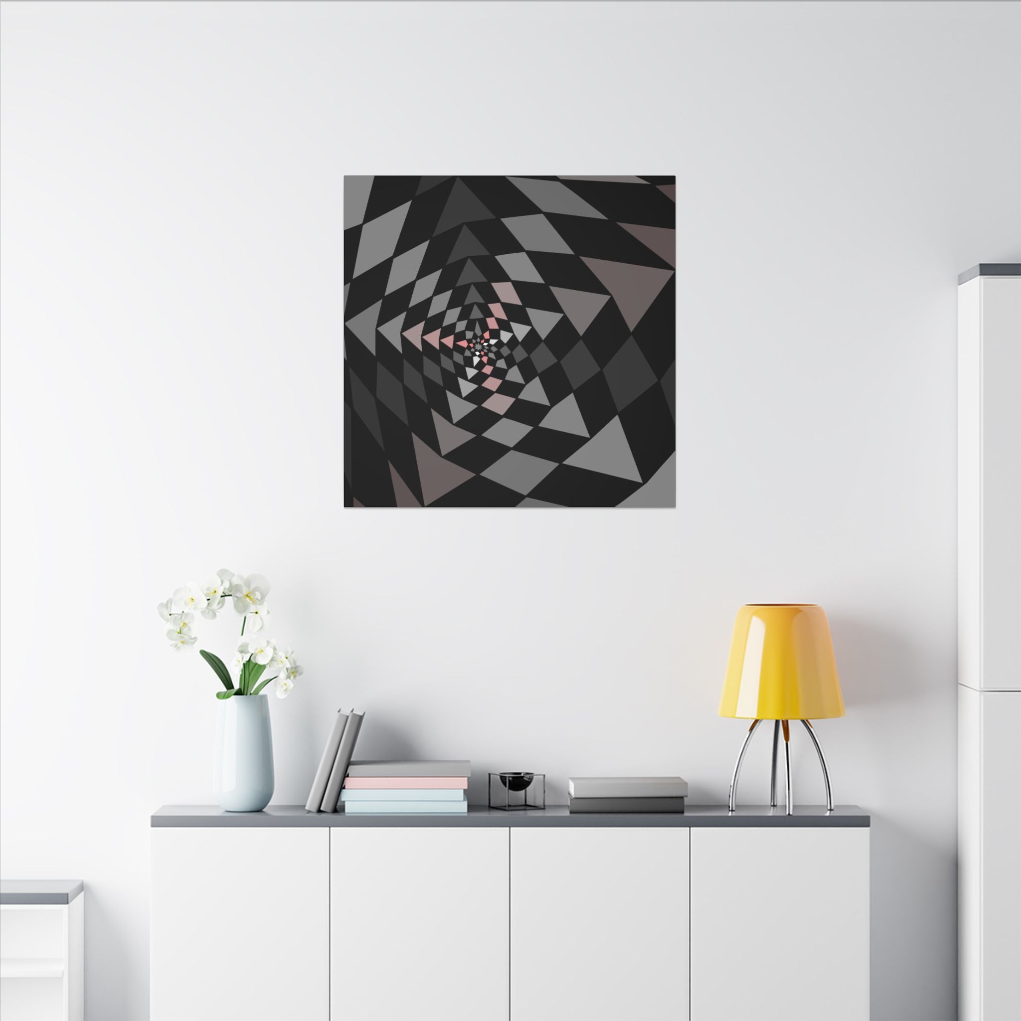 Geometric Spiral Matte Canvas Art — Modern Black & Gray Optical Illusion Wall Decor