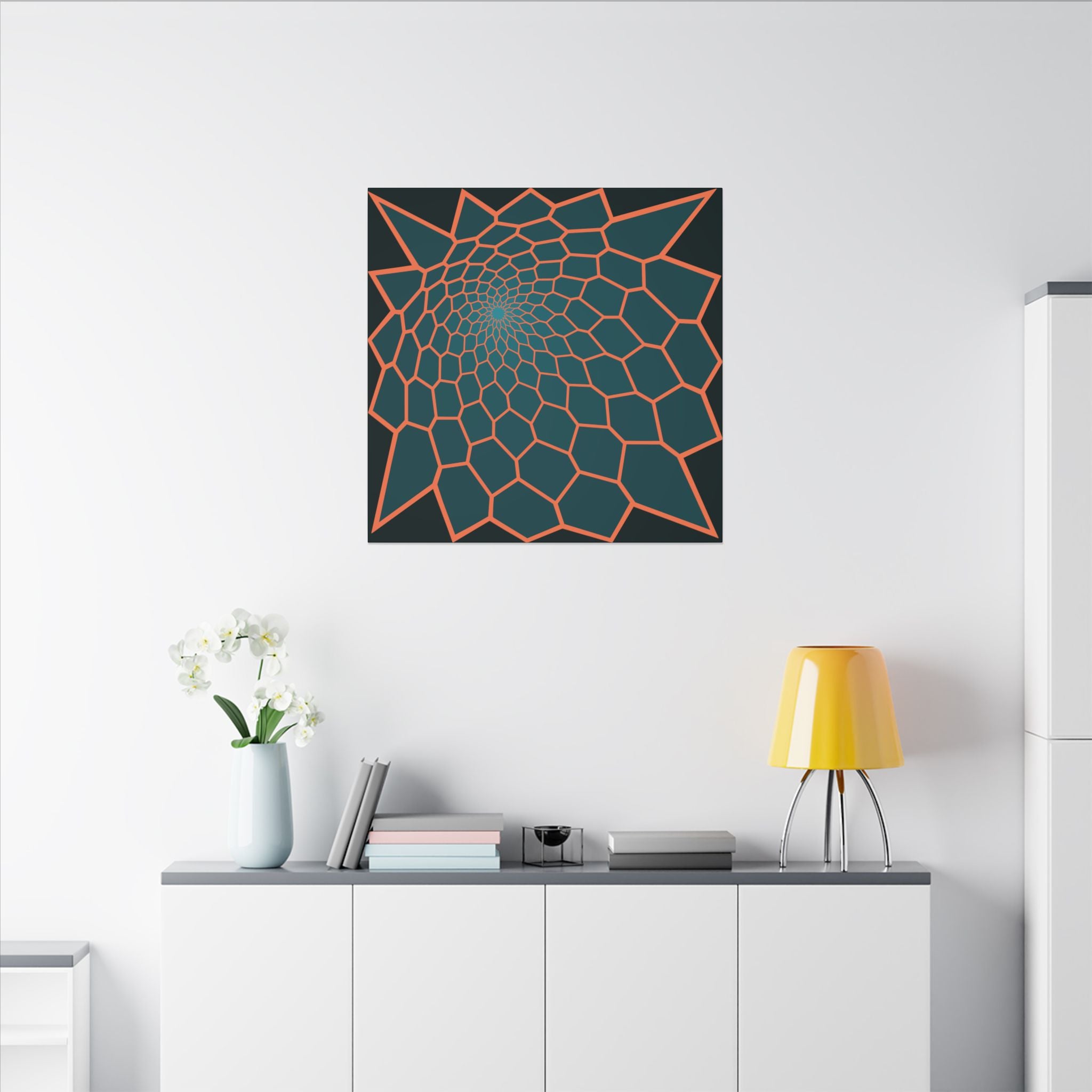 Geometric Spiral Canvas Art — Teal & Coral Abstract Wall Decor (Matte Stretched)