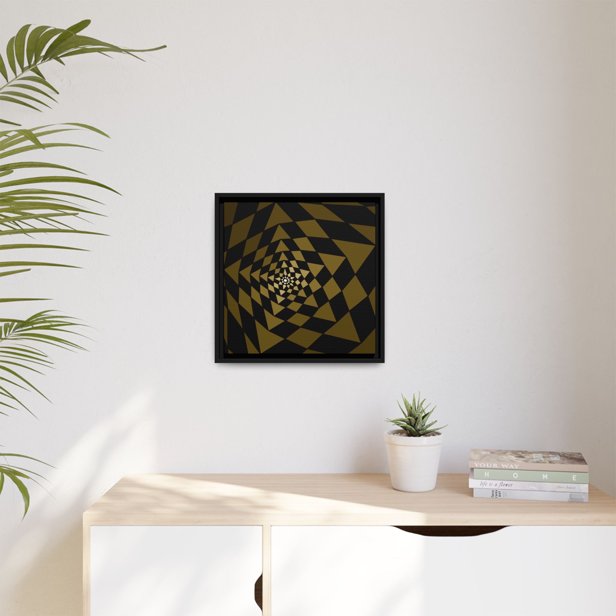 Framed Geometric Spiral Canvas Print — Modern Gold & Black Wall Art
