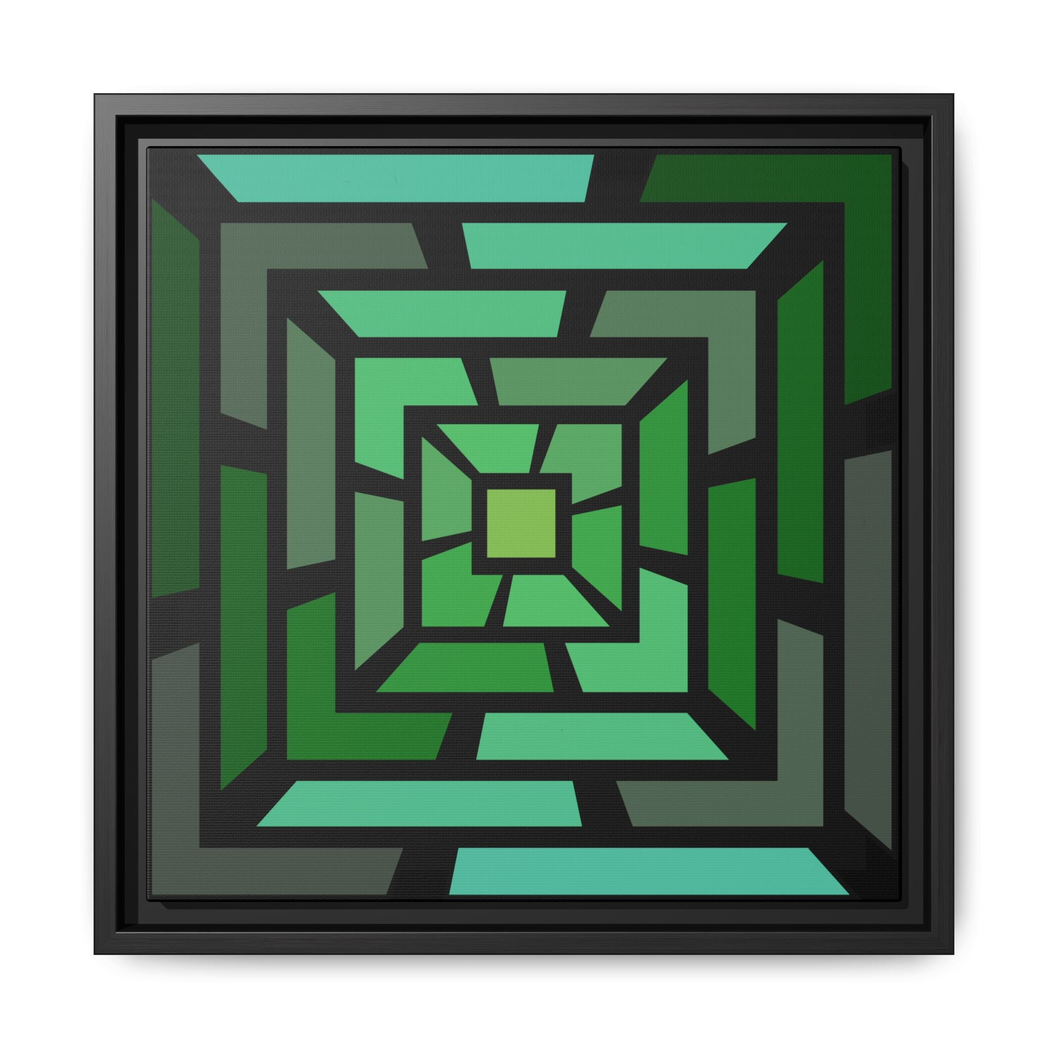 Geometric Green Maze Framed Canvas 14" x 14" Black 1.25"