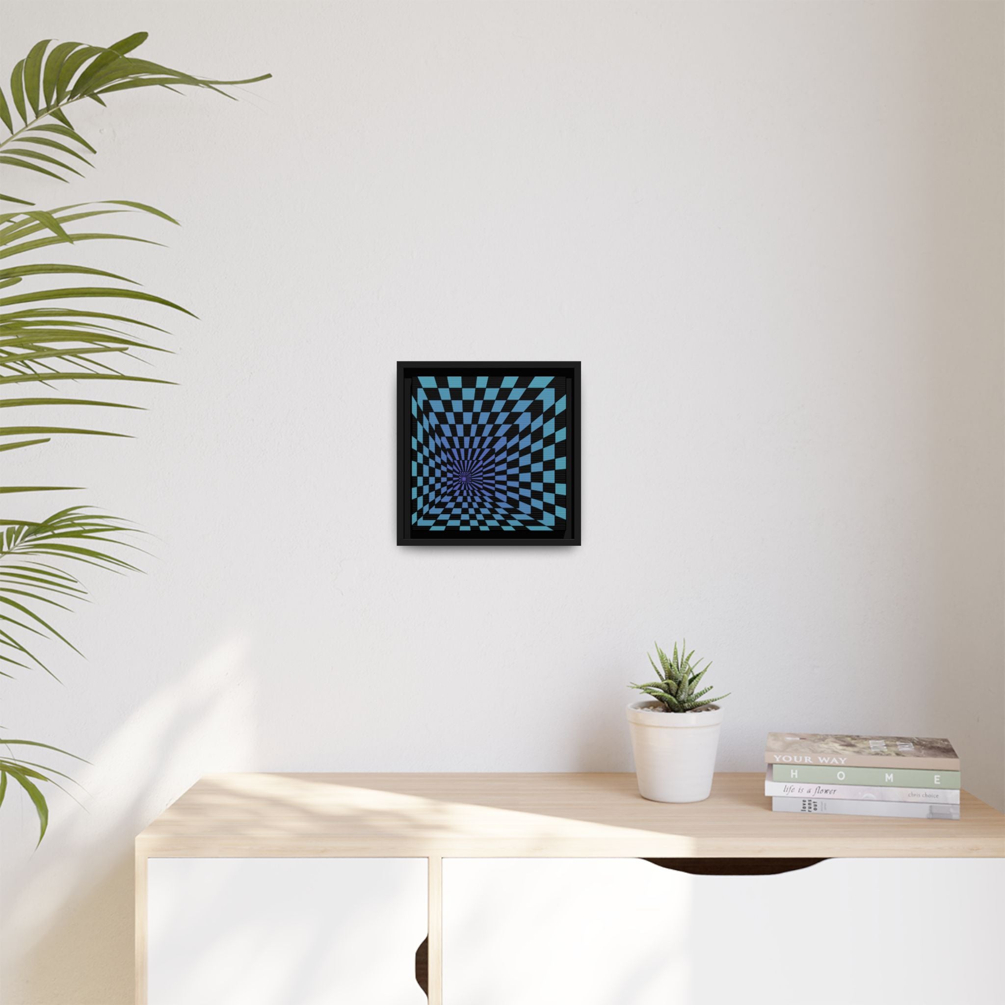 Framed Matte Canvas — Blue Optical Illusion Checkerboard Wall Art