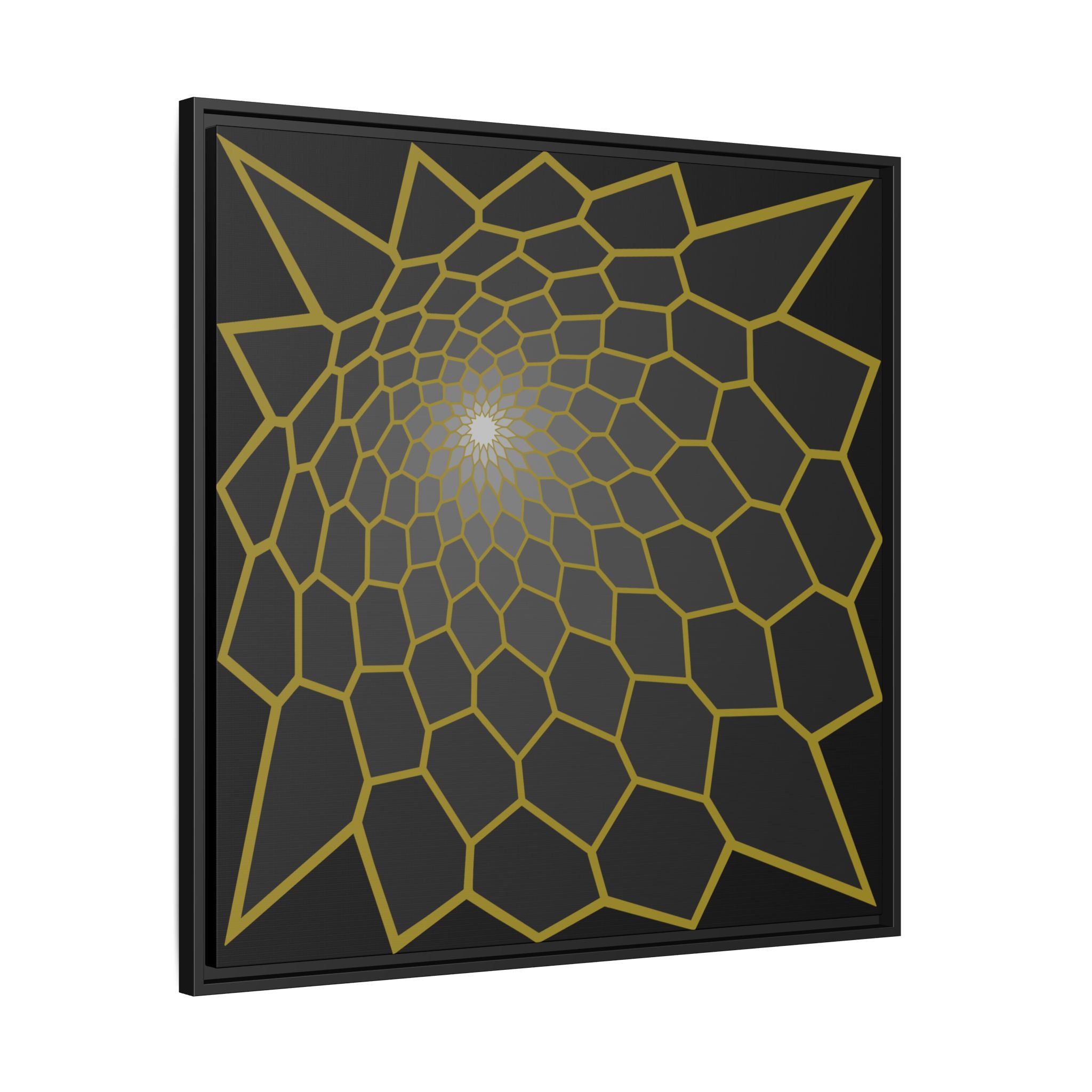 Framed Geometric Spiral Canvas Art — Gold Pattern on Matte Black