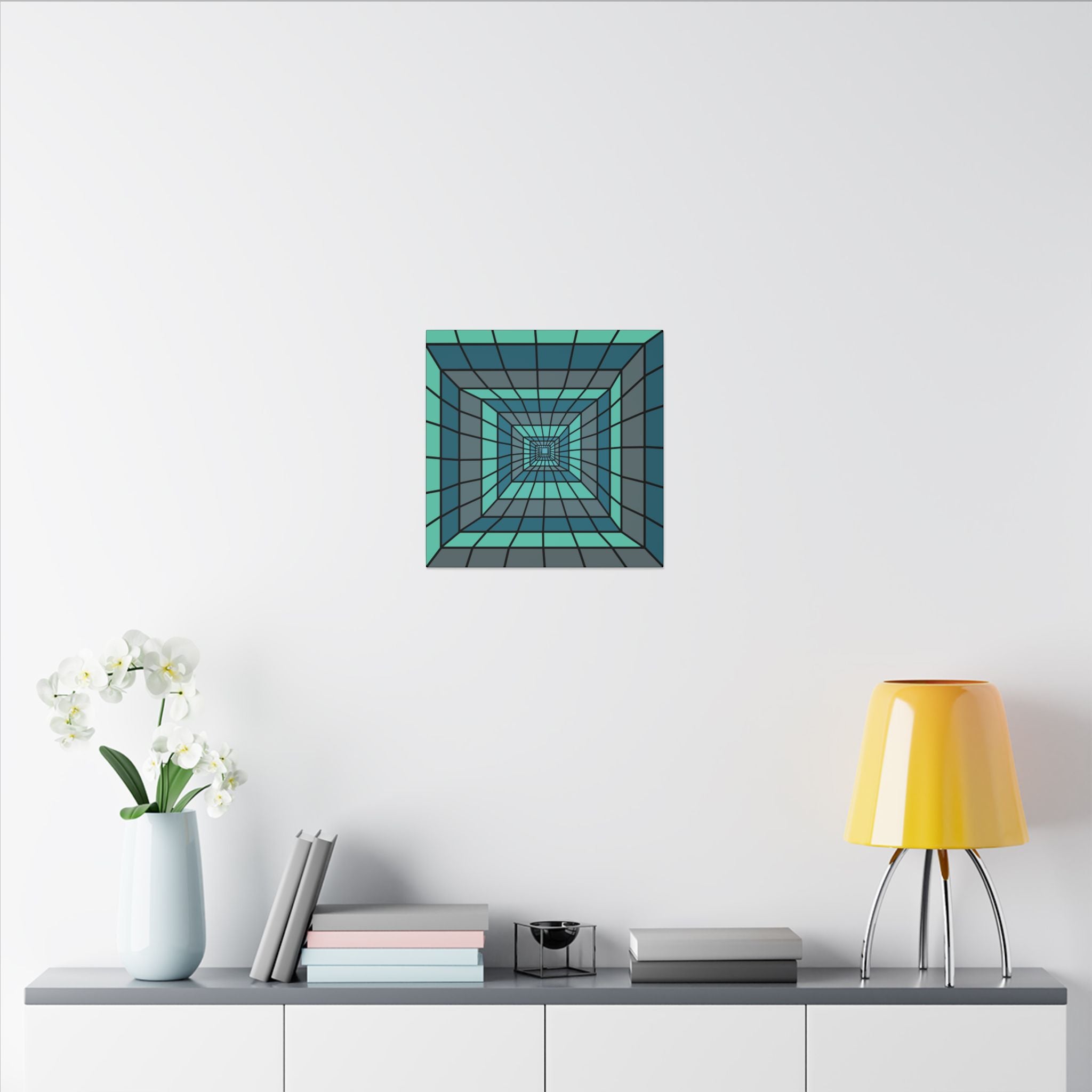 Teal Geometric Tunnel Matte Canvas Wall Art — Optical Illusion Square Print