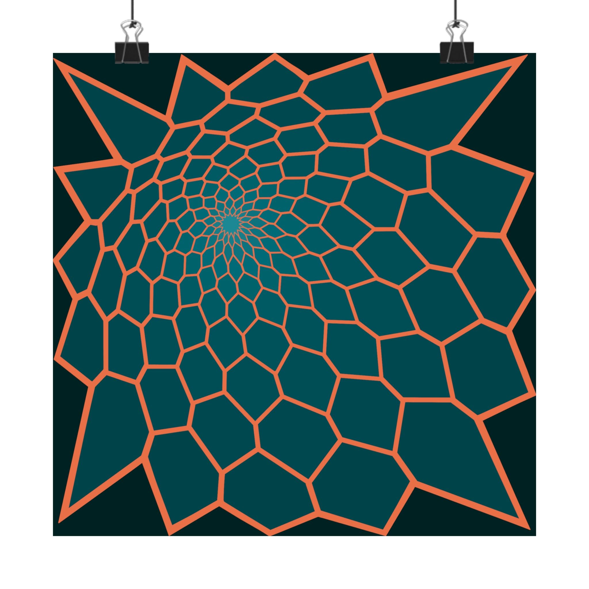 Geometric Spiral Poster — Teal & Coral Optical Art Matte Print 10″ x 10″ Matte