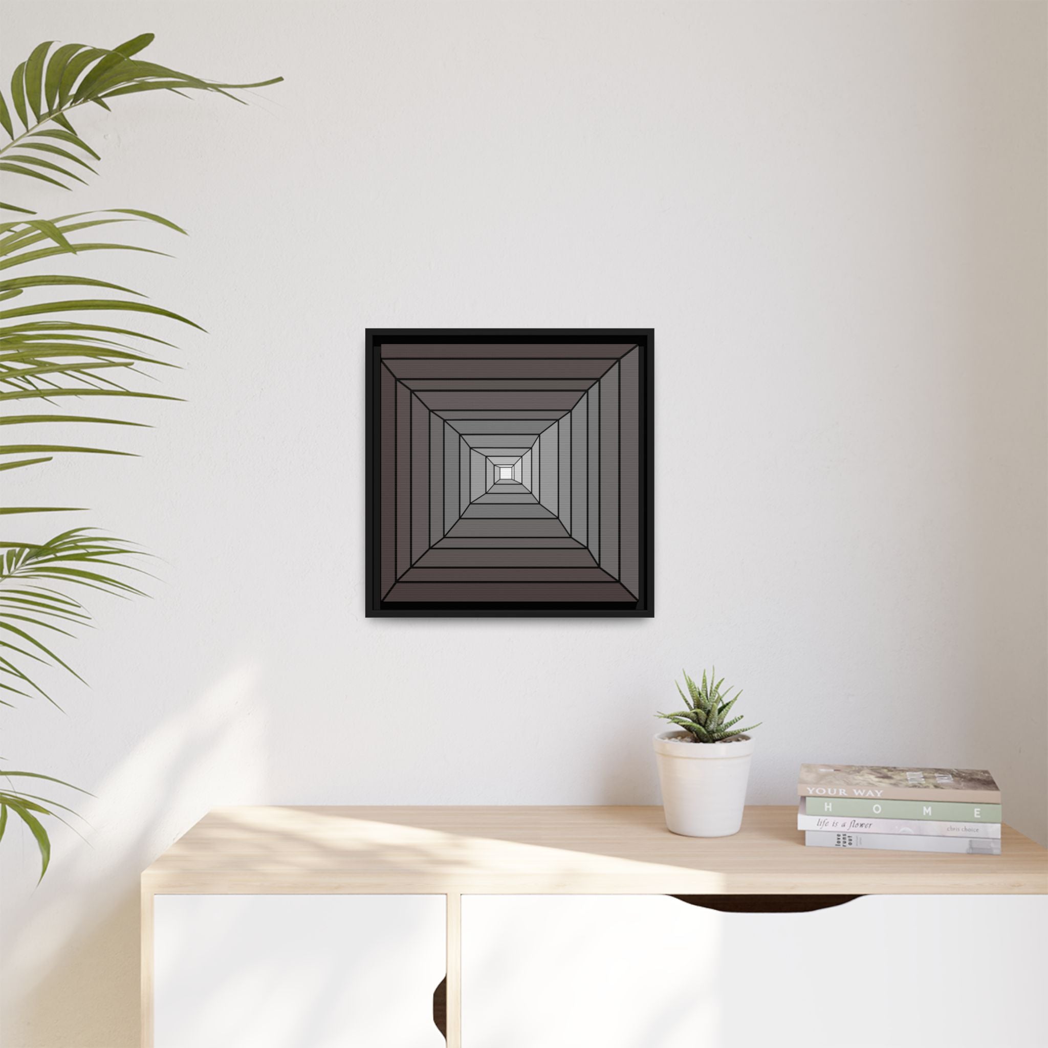 Geometric Gradient Framed Canvas Art — Monochrome Tunnel Abstract