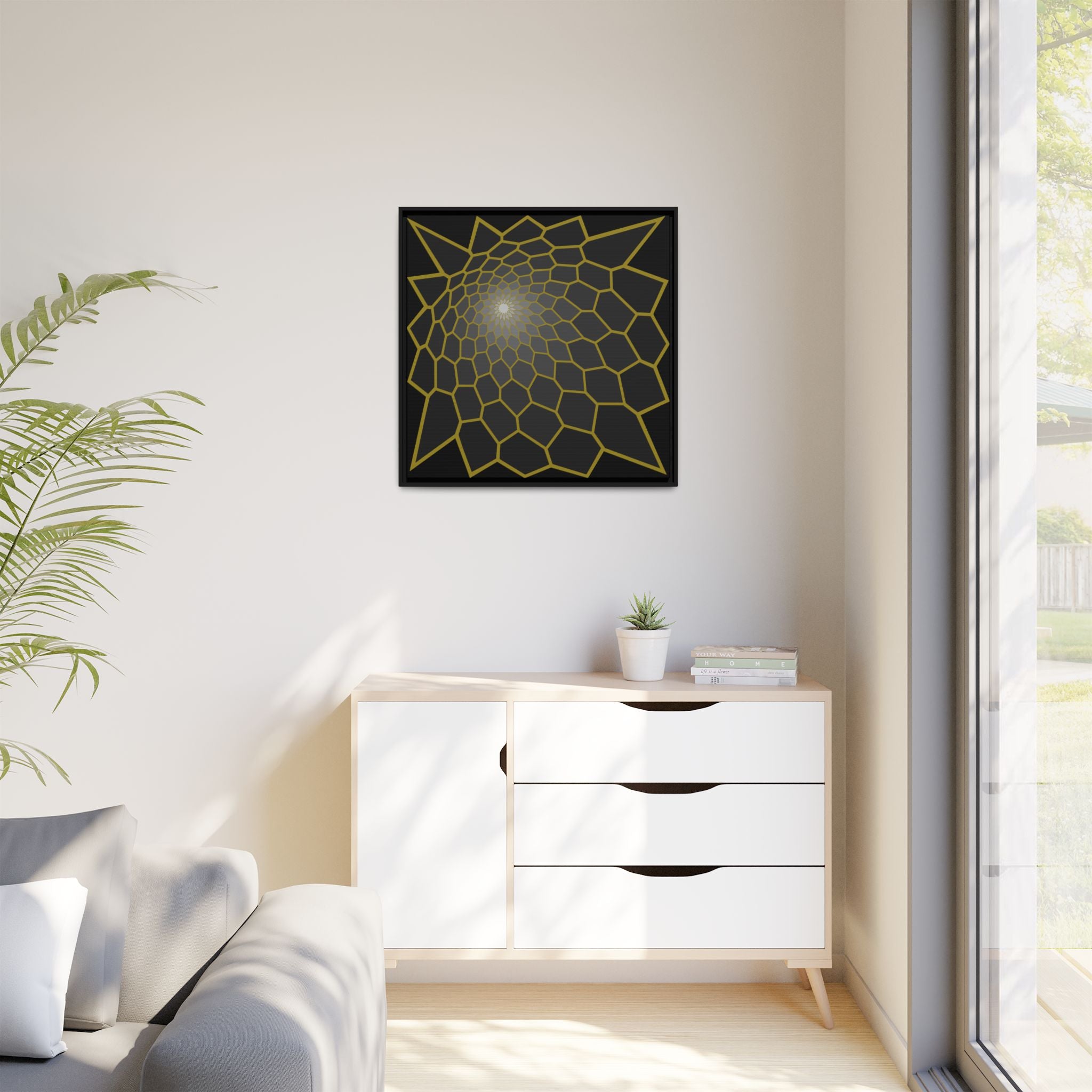 Framed Geometric Spiral Canvas Art — Gold Pattern on Matte Black