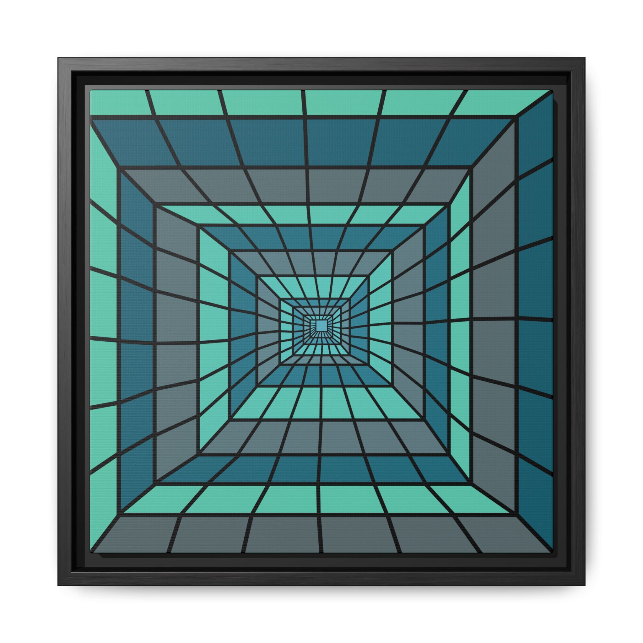 Framed Geometric Tunnel Canvas Print — Teal Optical Illusion Wall Art 14" x 14" Black 1.25"