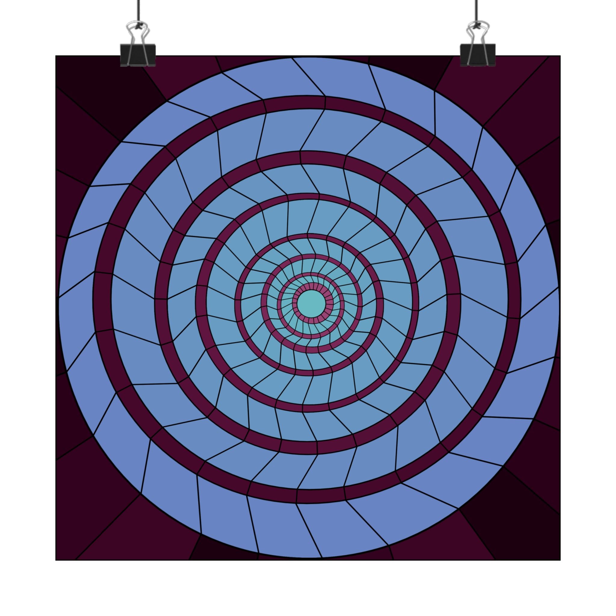 Geometric Spiral Art Poster — Blue Concentric Optical Illusion Matte Print 10″ x 10″ Matte