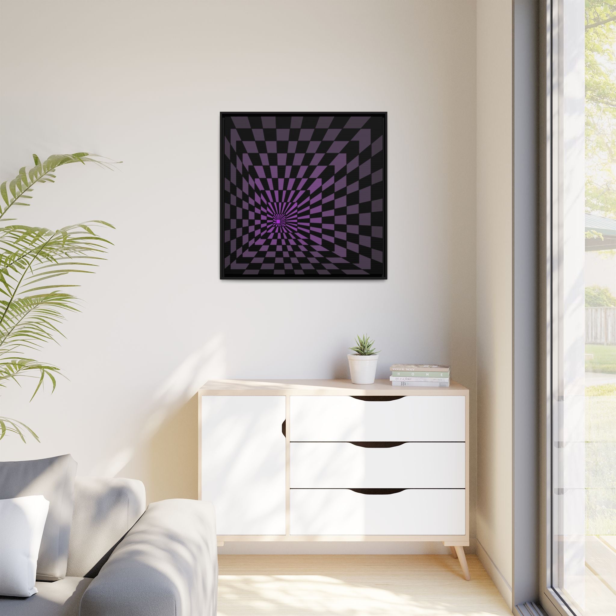 Framed Matte Canvas — Purple Optical Illusion Checkerboard Wall Art