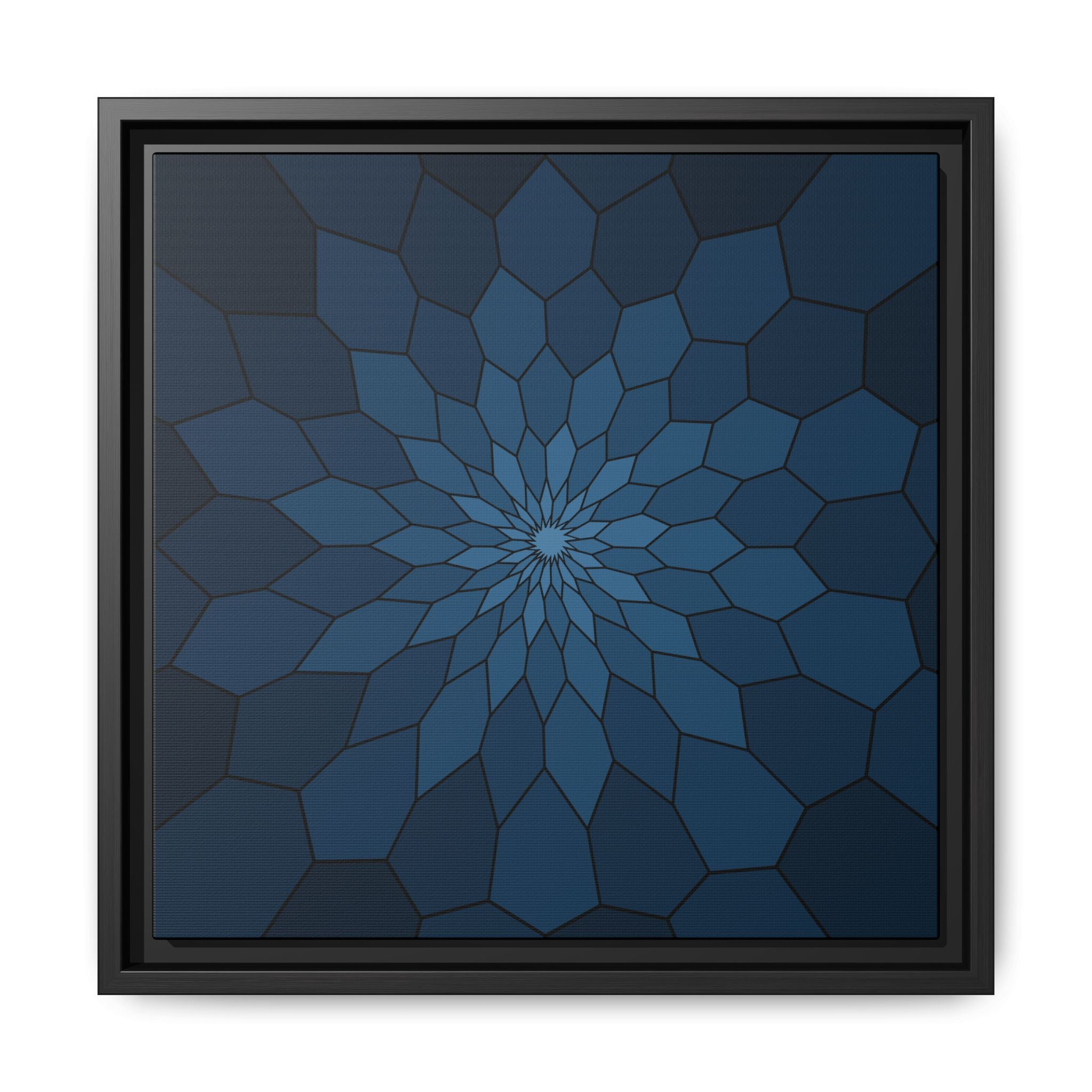 Framed Matte Canvas Wall Art — Geometric Blue Mandala 14" x 14" Black 1.25"