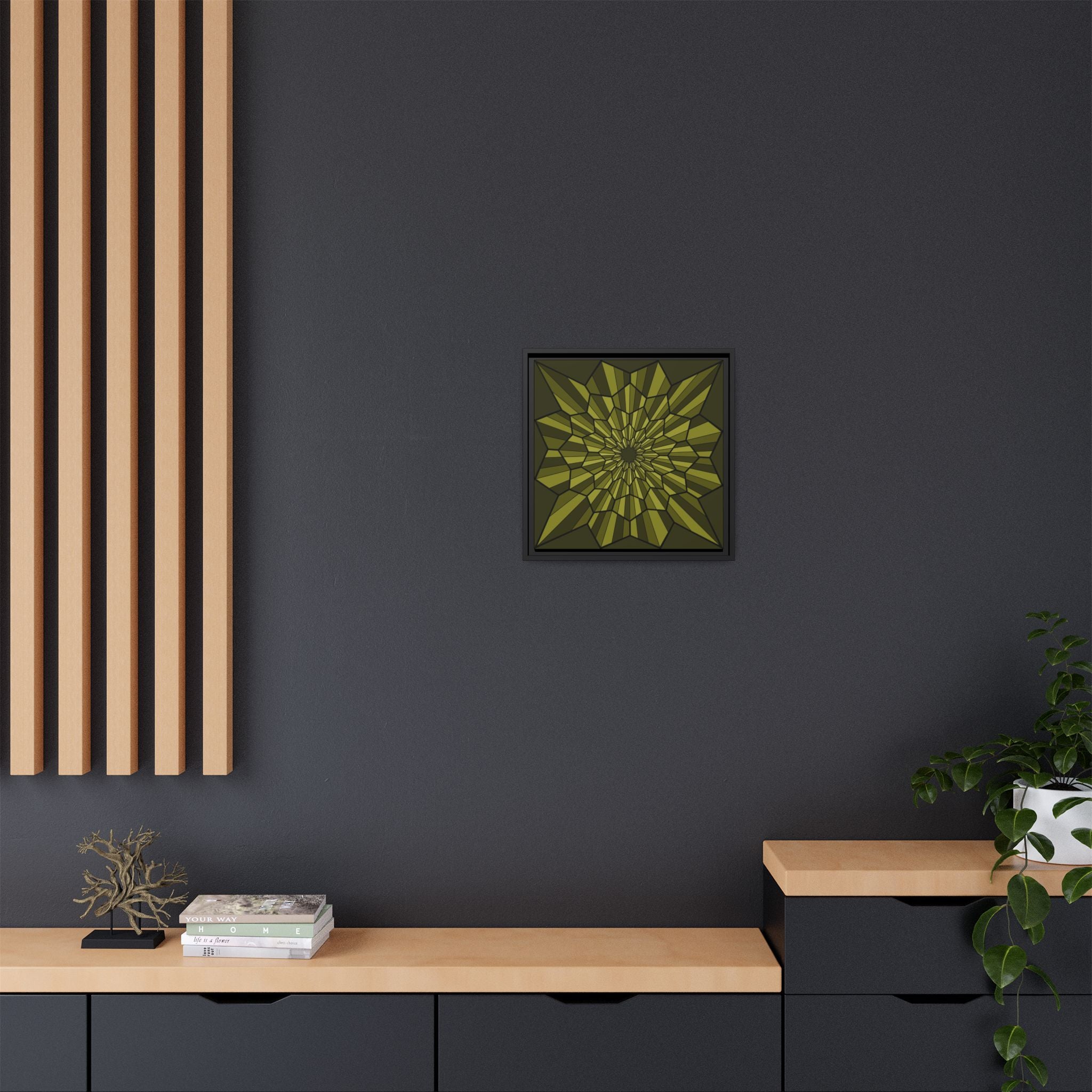 Framed Matte Canvas — Olive Geometric Starburst Wall Art