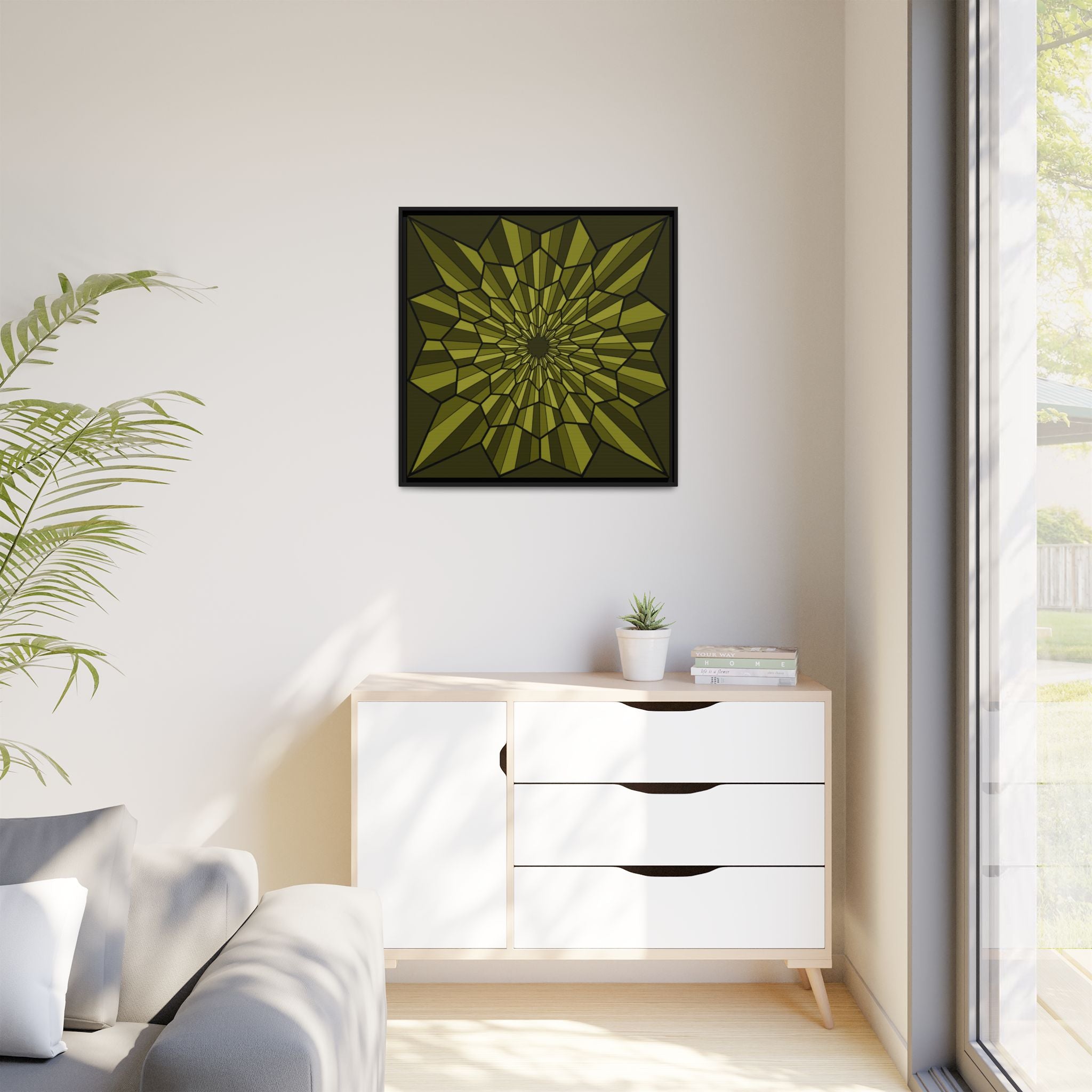 Framed Matte Canvas — Olive Geometric Starburst Wall Art