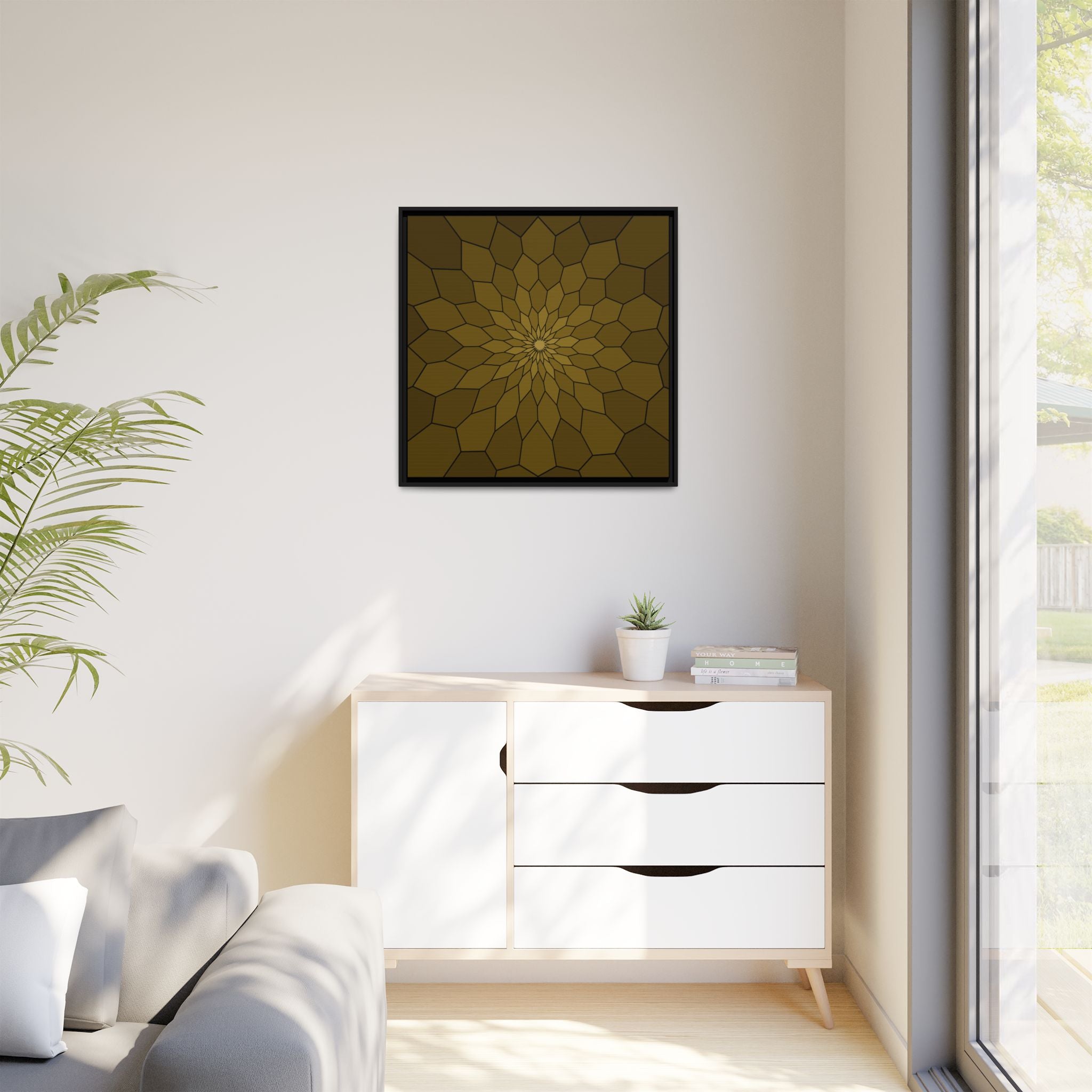 Framed Geometric Sunburst Canvas Art — Olive Brown Modern Wall Decor