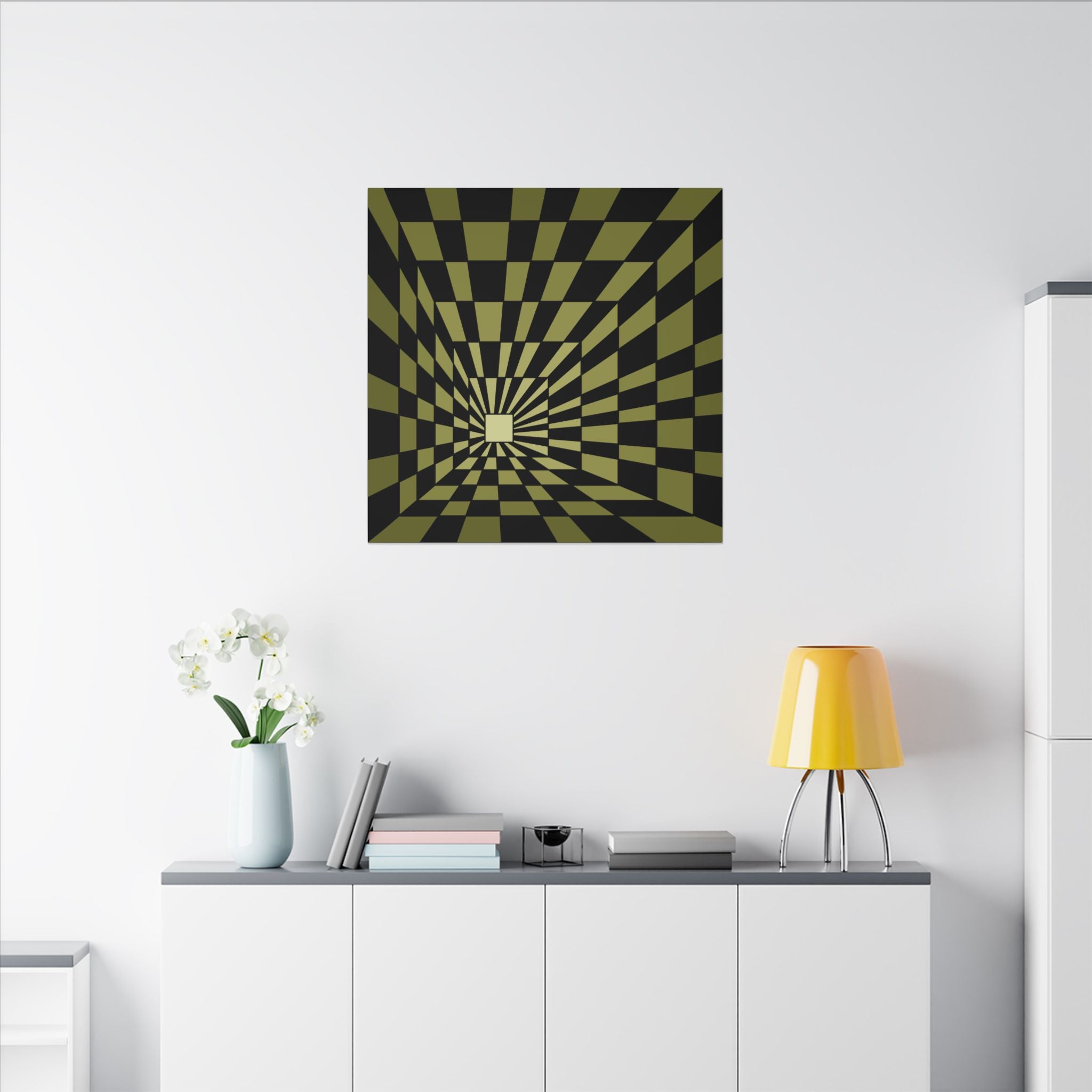 Optical Illusion Checkerboard Canvas — Retro Green Tunnel Wall Art