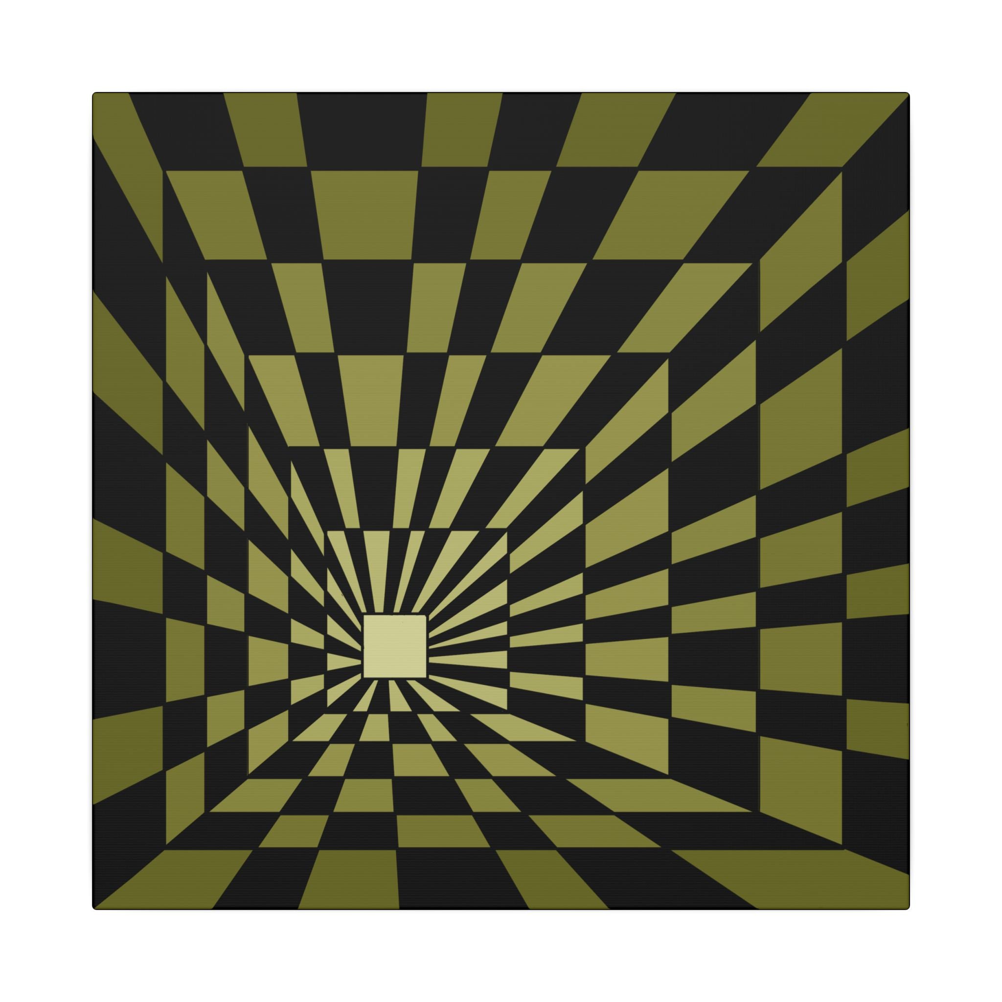 Optical Illusion Checkerboard Canvas — Retro Green Tunnel Wall Art 14" x 14" 0.75''