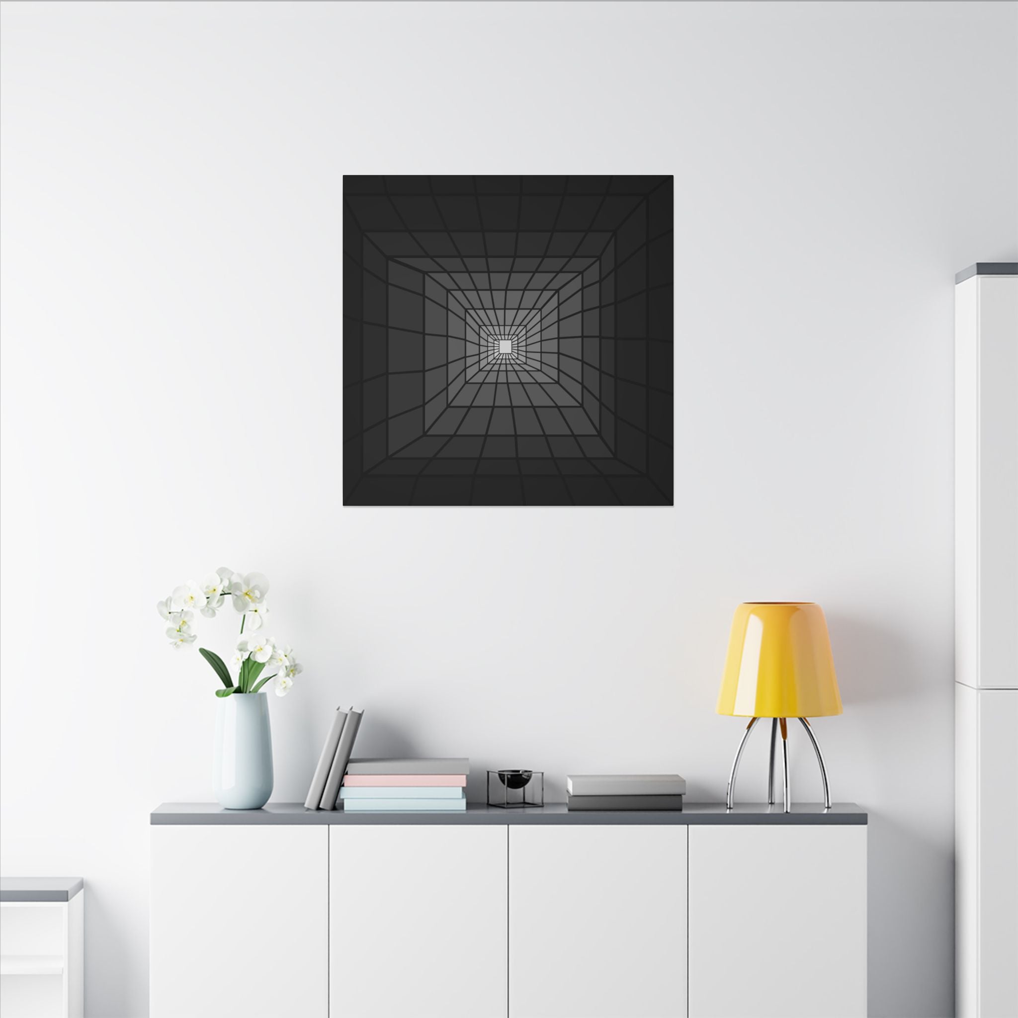 Geometric Optical Illusion Matte Canvas Art — Black Tunnel Grid Wall Decor