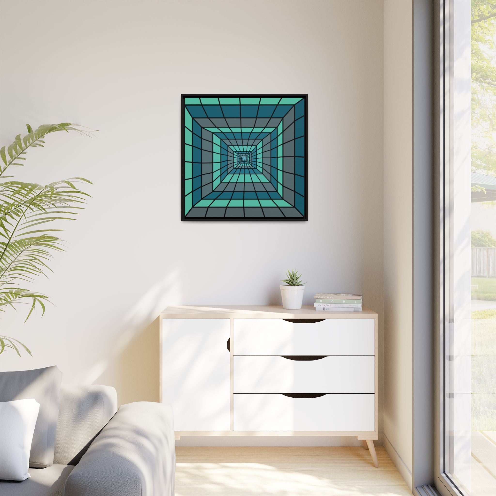 Framed Geometric Tunnel Canvas Print — Teal Optical Illusion Wall Art