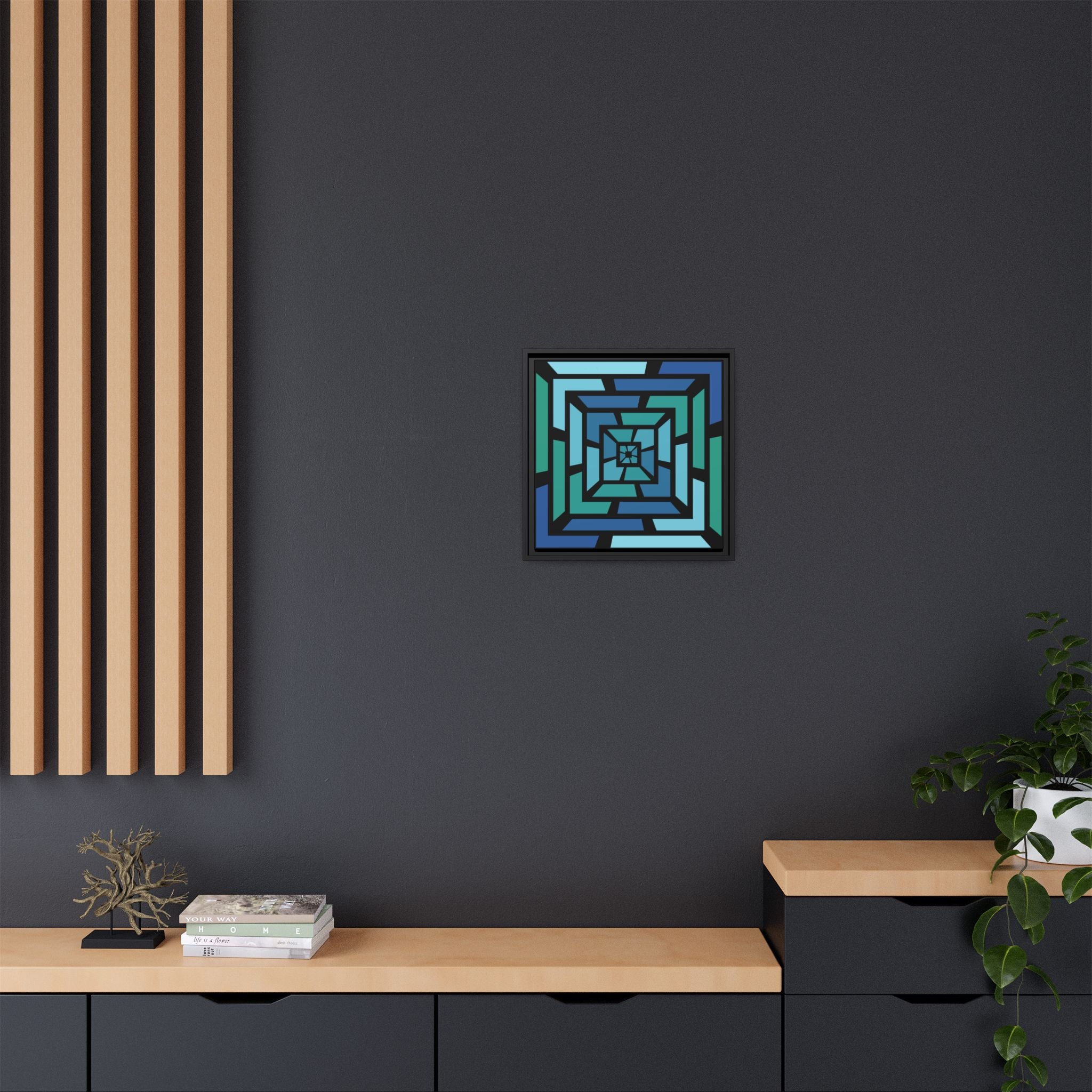 Framed Geometric Maze Canvas — Blue & Teal Modern Wall Art