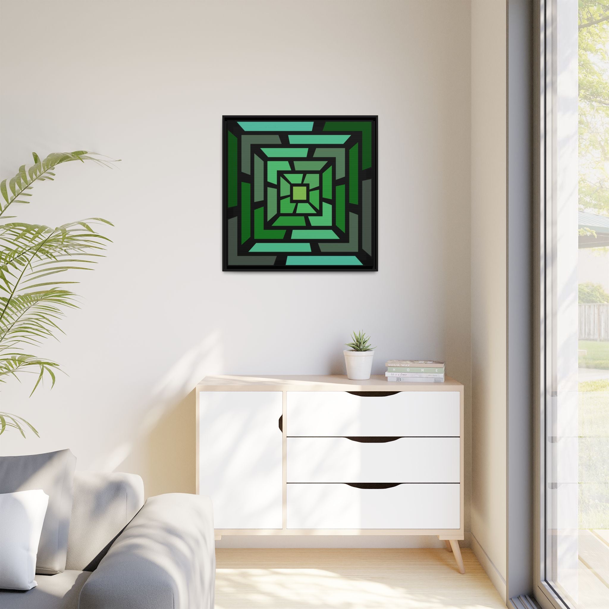 Geometric Green Maze Framed Canvas