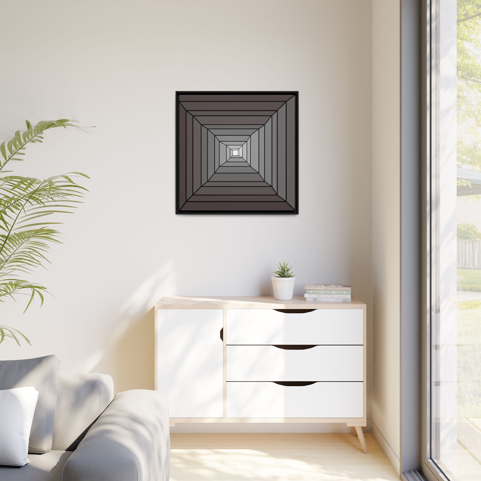 Geometric Gradient Framed Canvas Art — Monochrome Tunnel Abstract