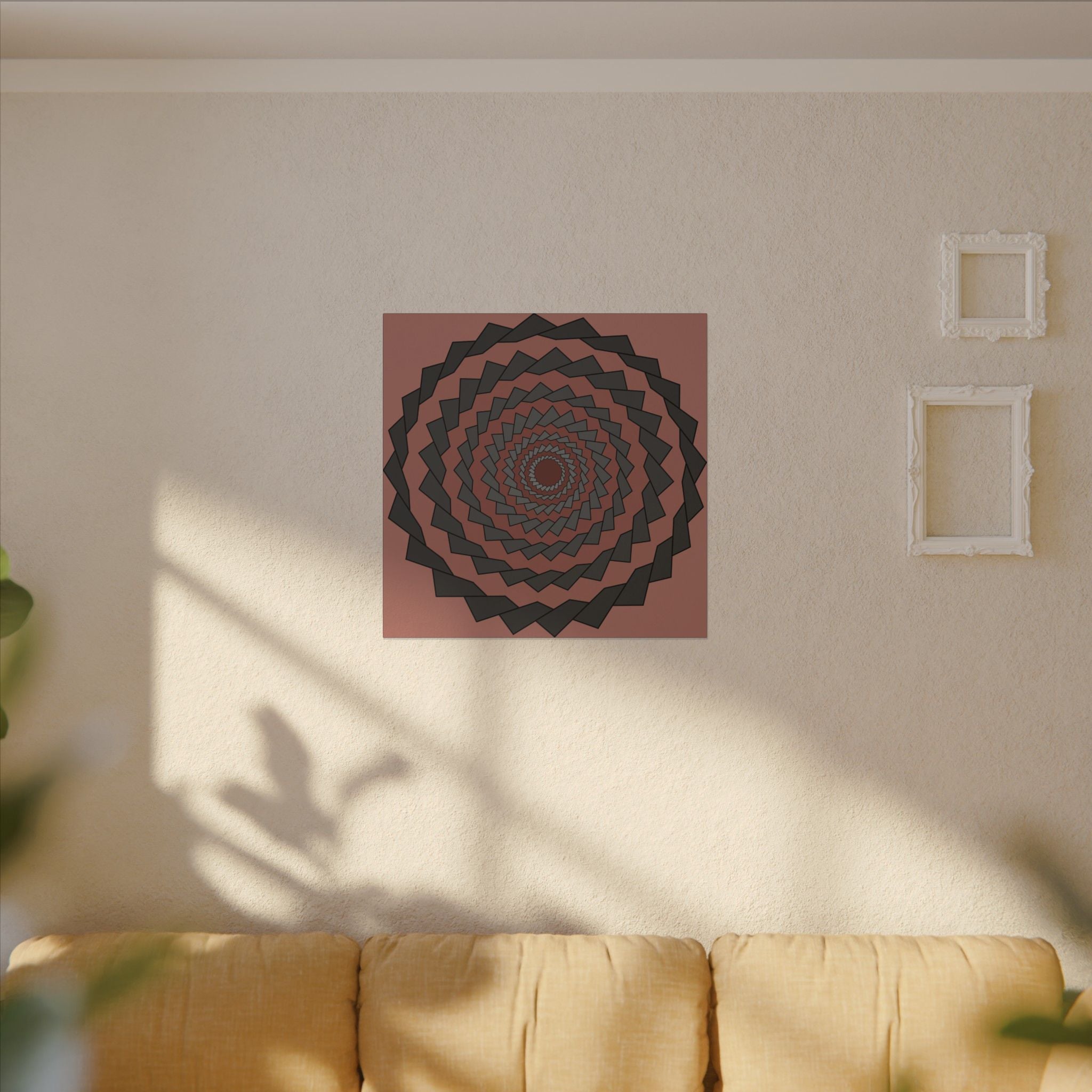 Geometric Spiral Wall Art Matte Canvas — Modern Rust & Charcoal Optical Illusion