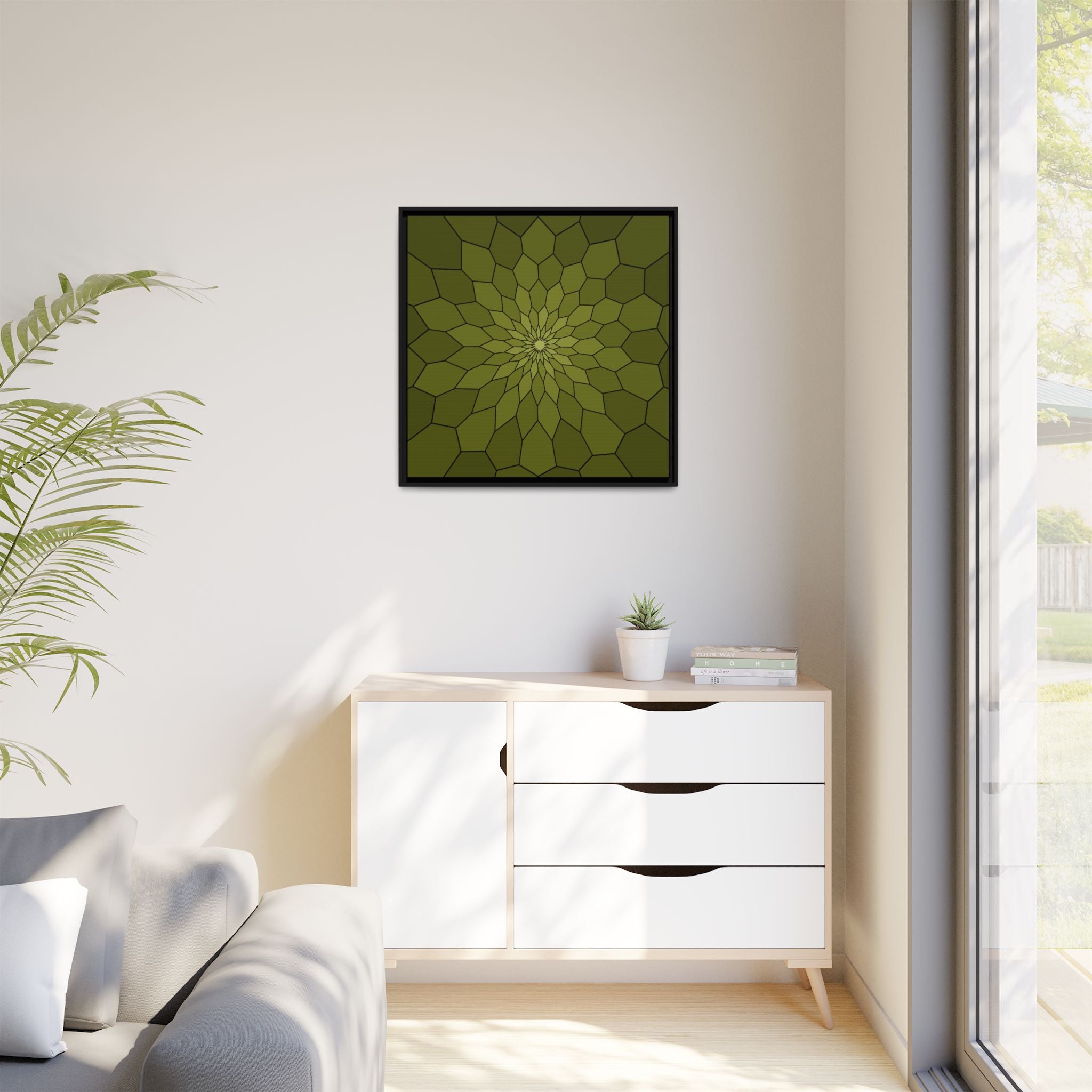 Framed Geometric Starburst Canvas — Olive Green Modern Wall Art