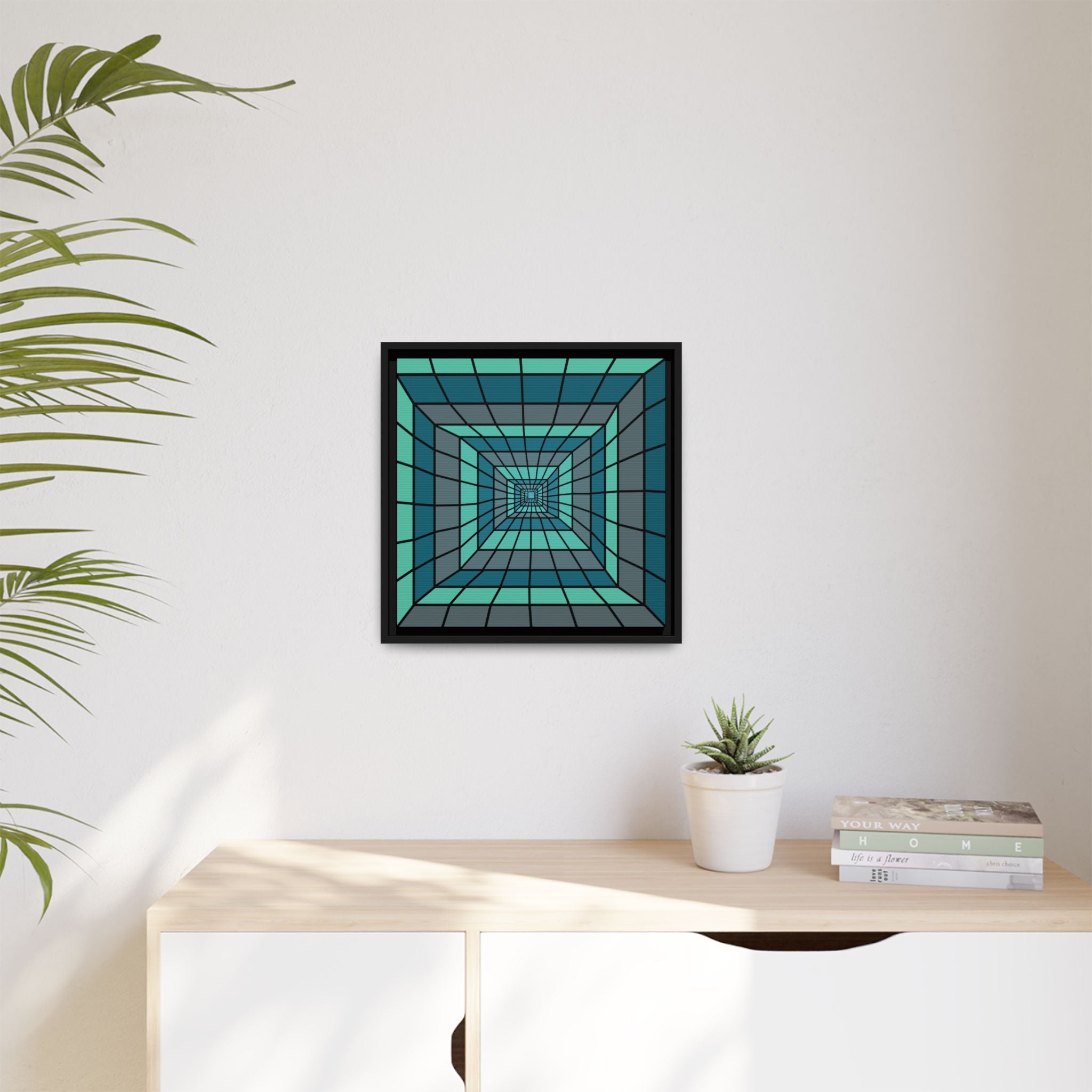 Framed Geometric Tunnel Canvas Print — Teal Optical Illusion Wall Art