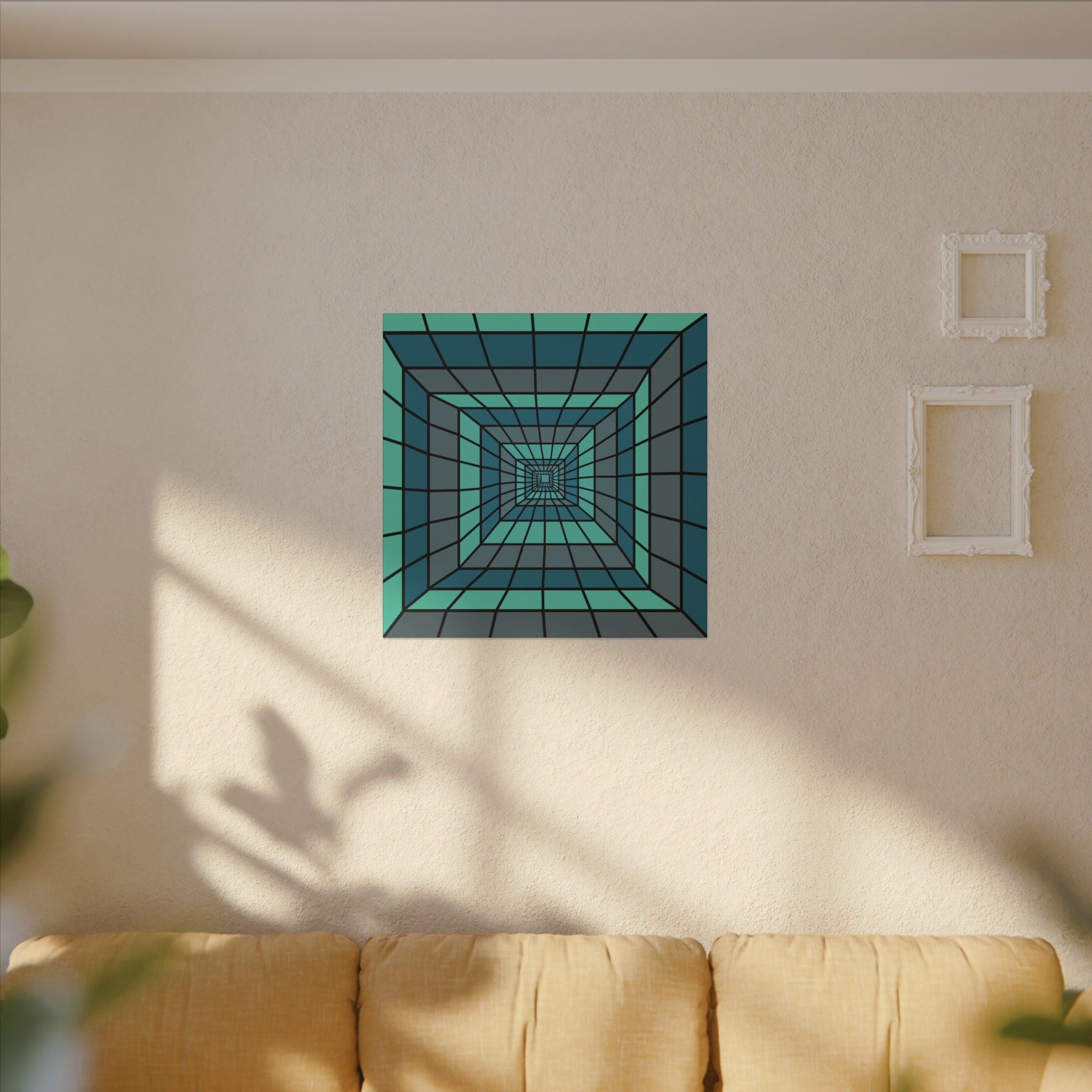 Teal Geometric Tunnel Matte Canvas Art – Optical Illusion Wall Decor
