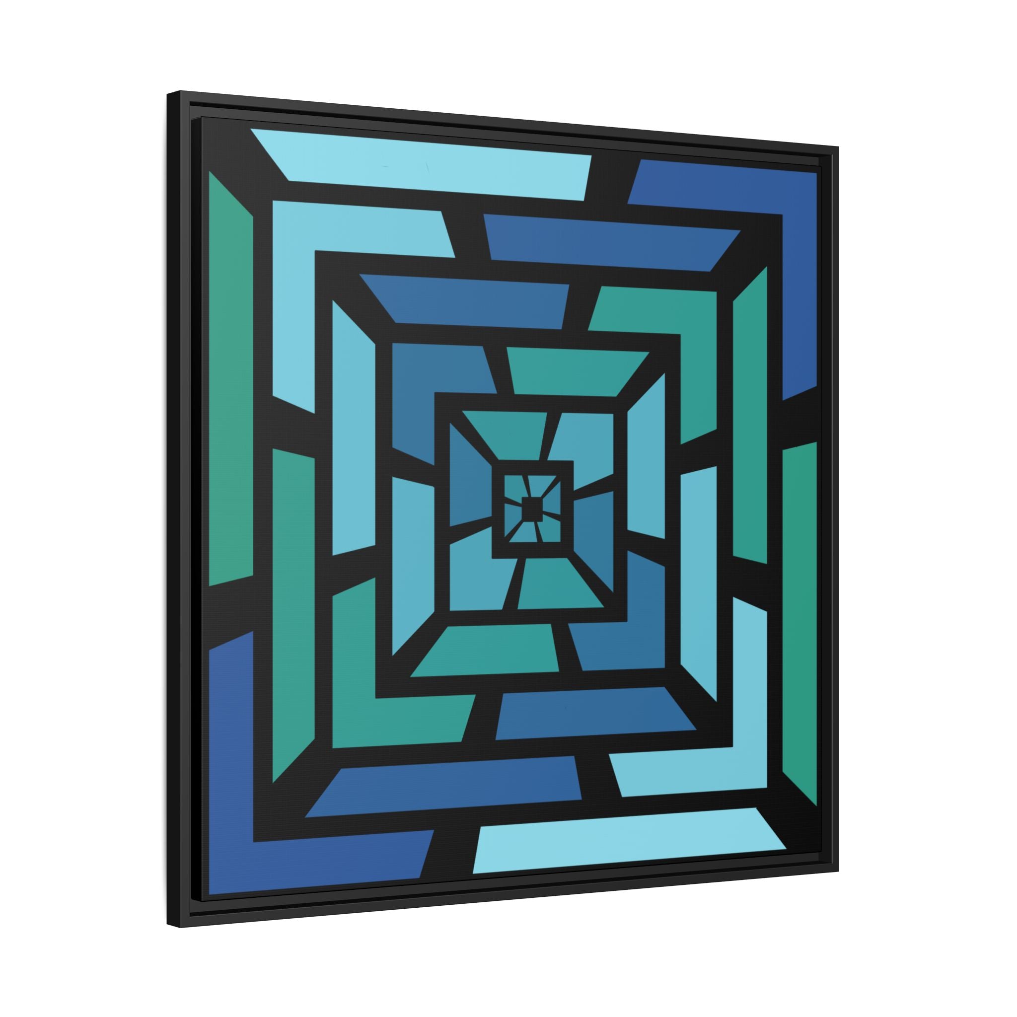 Framed Geometric Maze Canvas — Blue & Teal Modern Wall Art