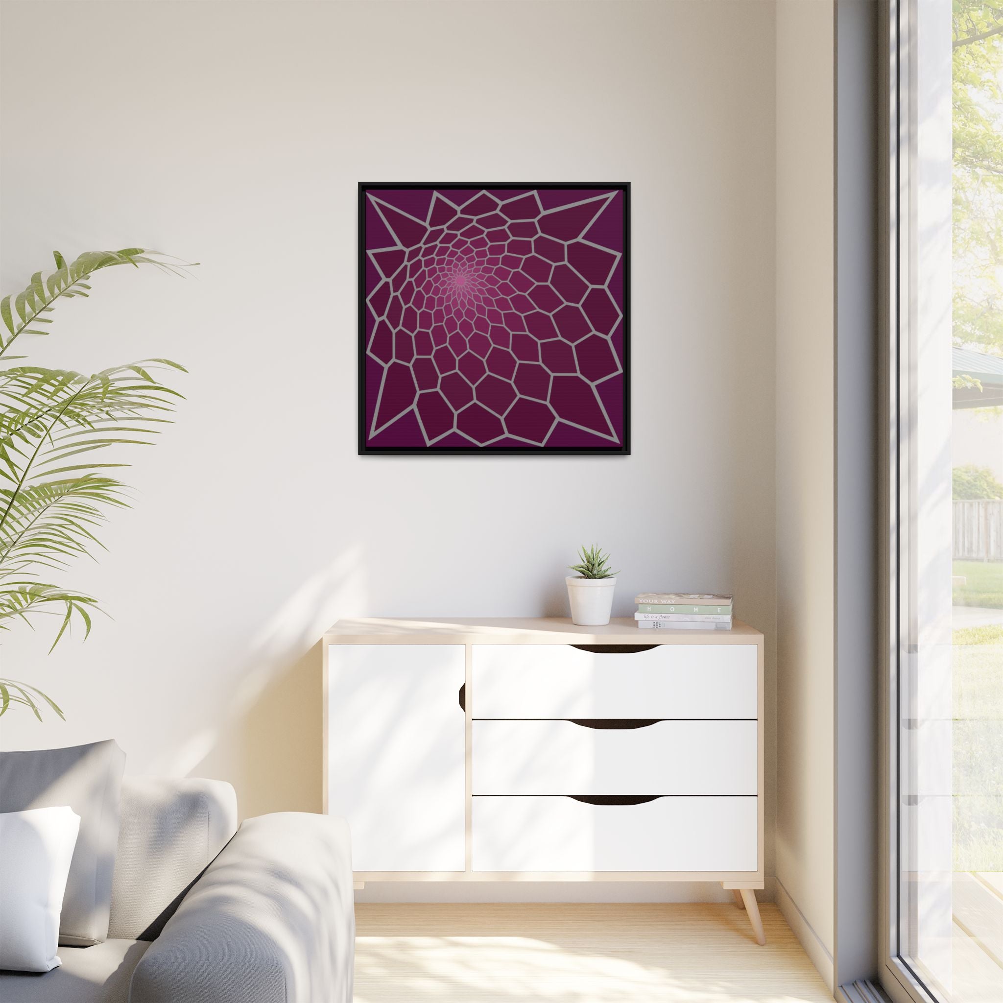 Geometric Spiral Framed Canvas Art — Modern Purple Web Wall Decor