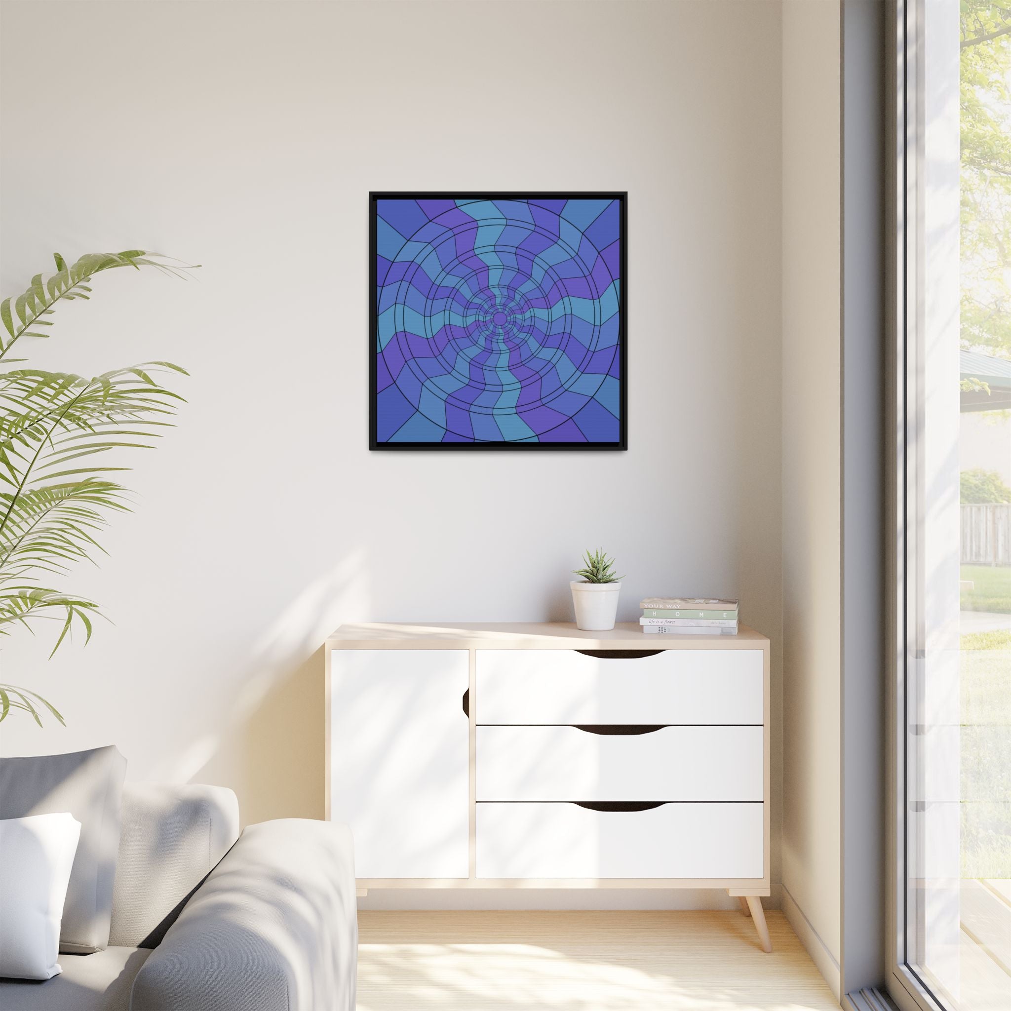 Framed Canvas Art – Blue & Purple Optical Spiral Abstract