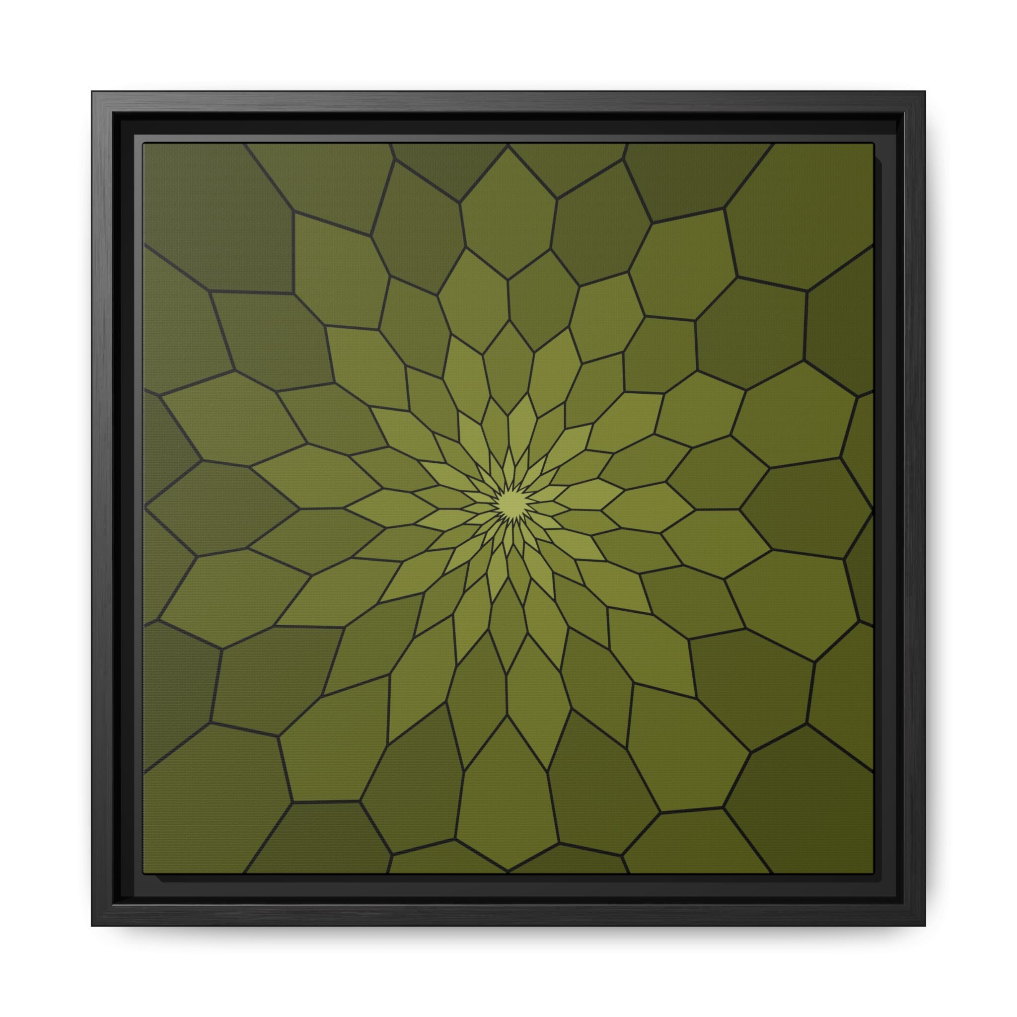 Framed Geometric Starburst Canvas — Olive Green Modern Wall Art 14" x 14" Black 1.25"