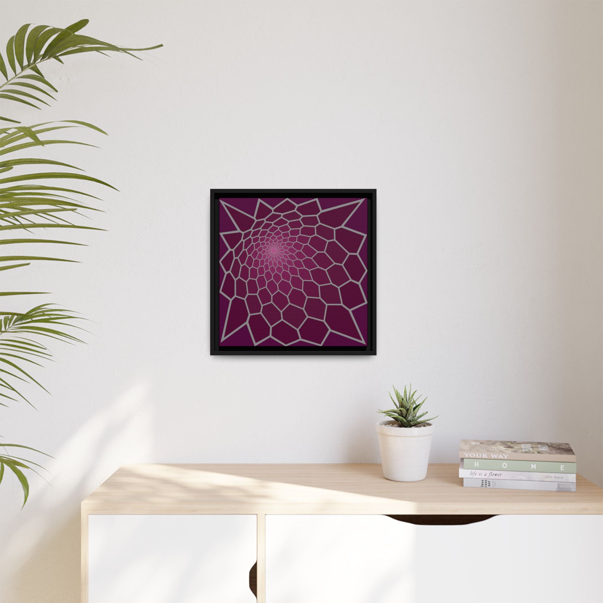 Geometric Spiral Framed Canvas Art — Modern Purple Web Pattern