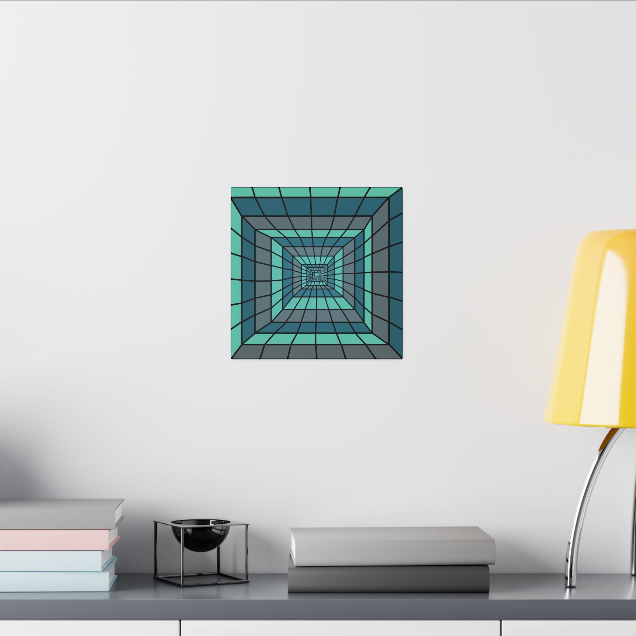 Teal Geometric Tunnel Matte Canvas Art – Optical Illusion Wall Decor