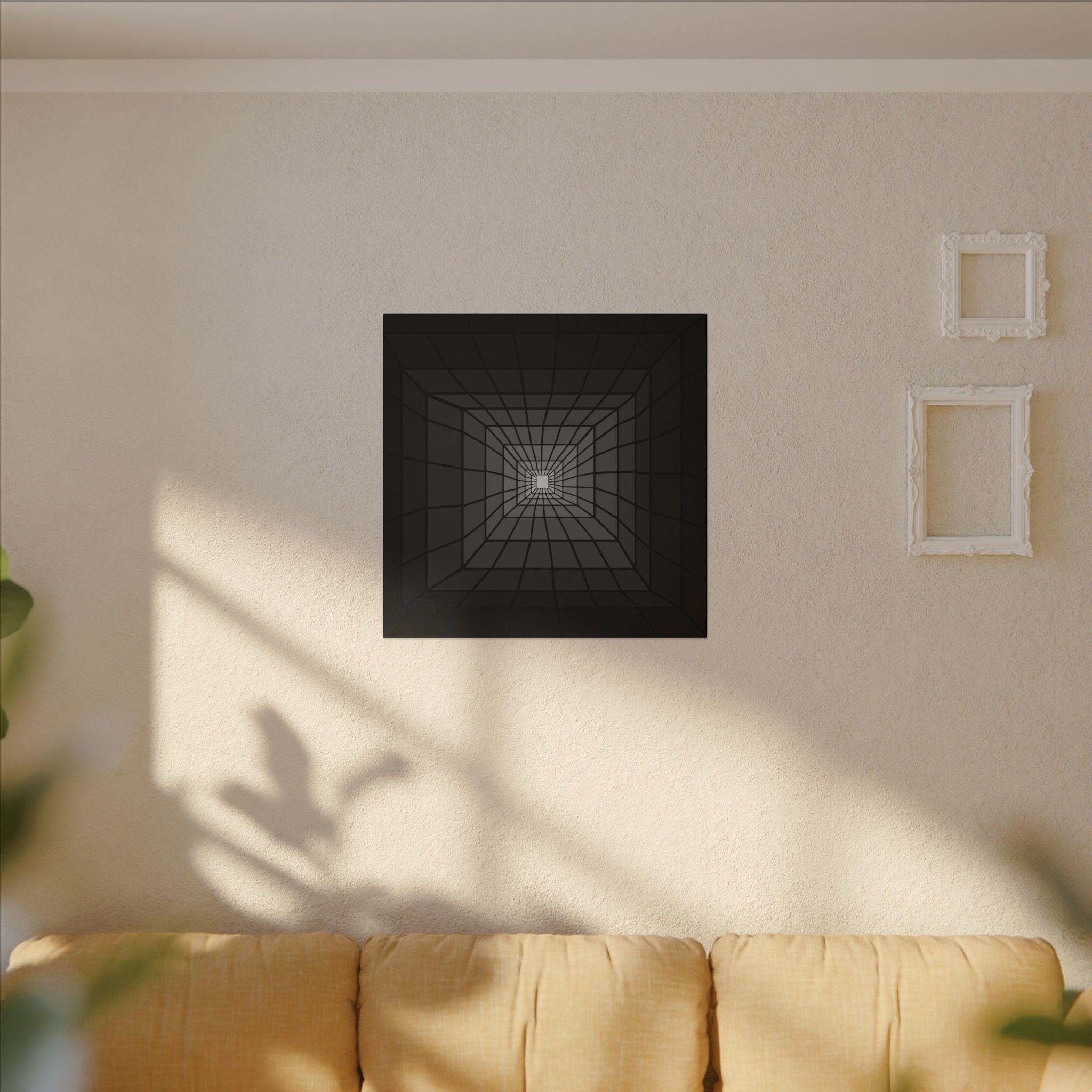 Geometric Optical Illusion Matte Canvas Art — Black Tunnel Grid Wall Decor