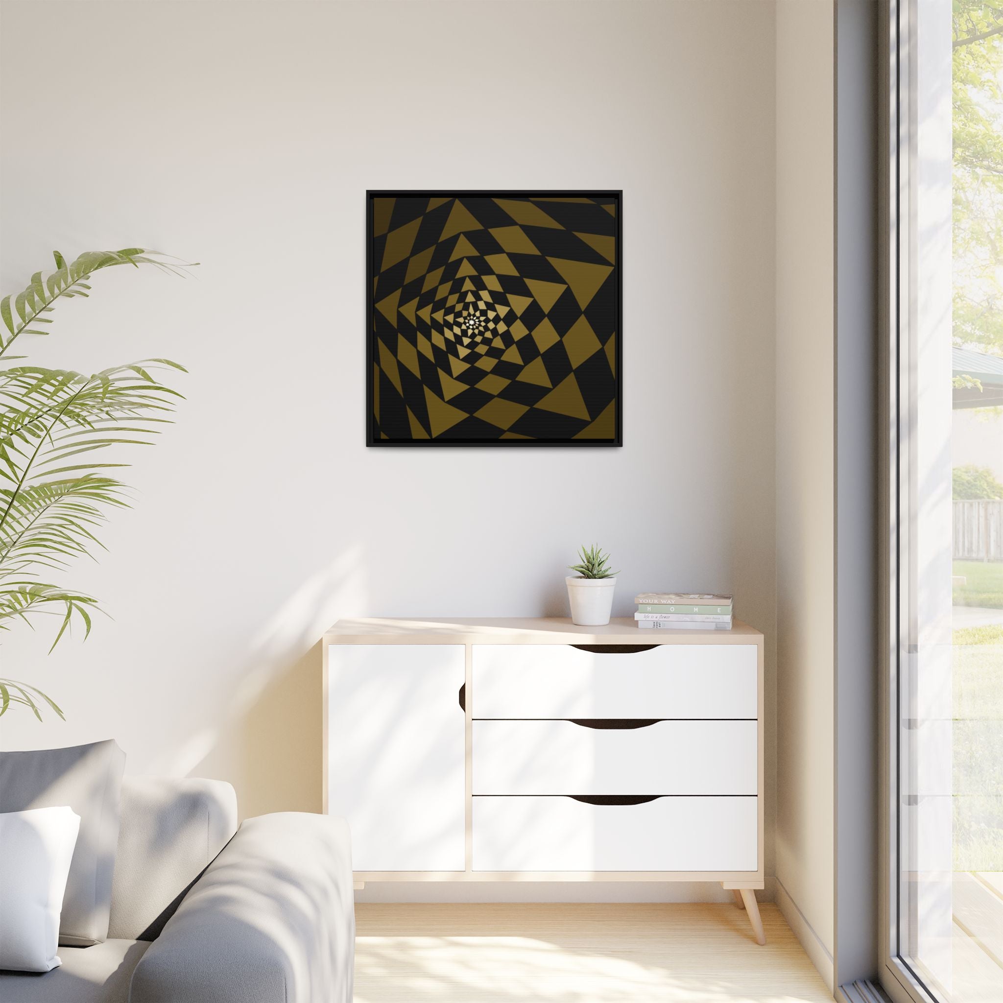Framed Geometric Spiral Canvas Art — Modern Gold & Black Optical Print