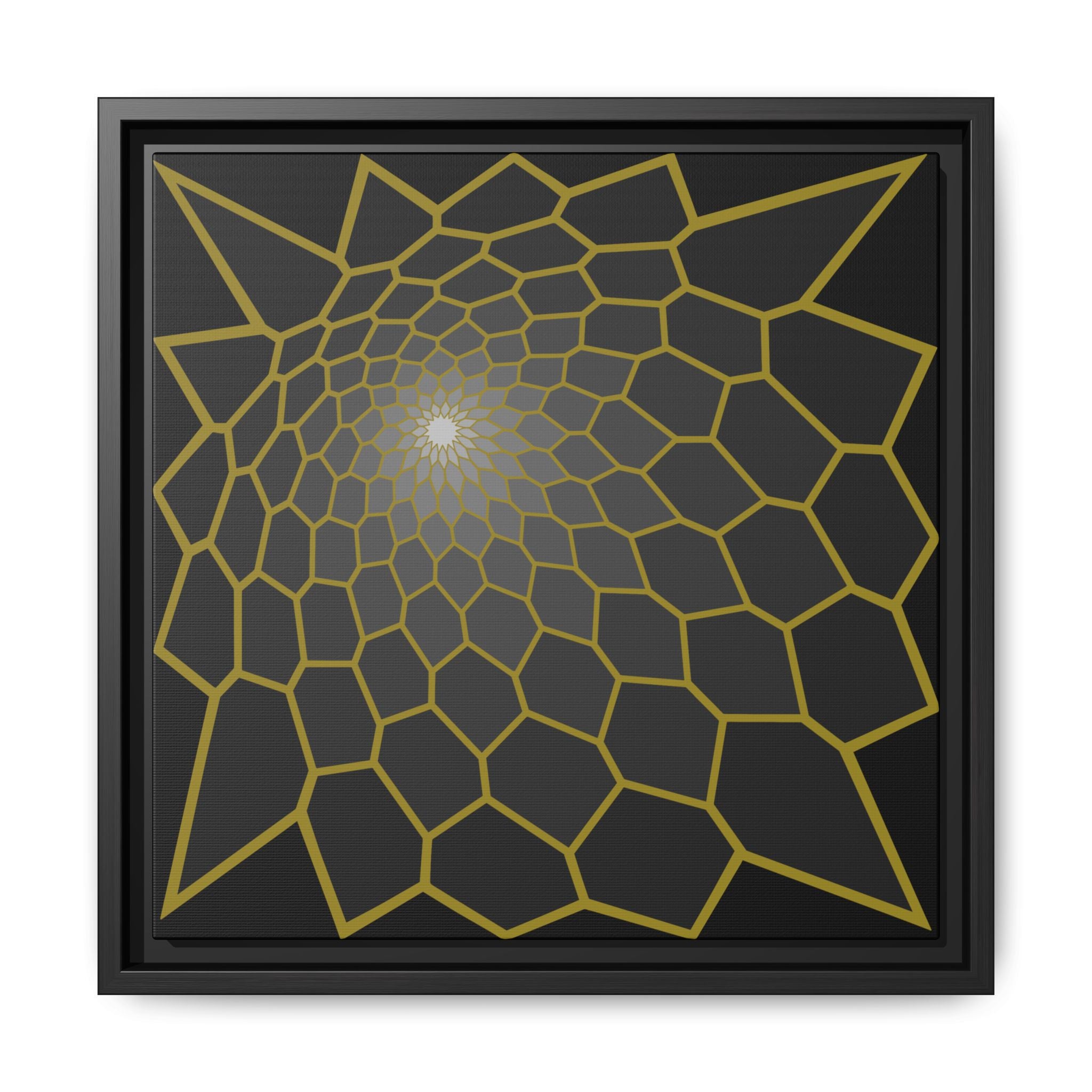 Framed Geometric Spiral Canvas Art — Gold Pattern on Matte Black 14" x 14" Black 1.25"