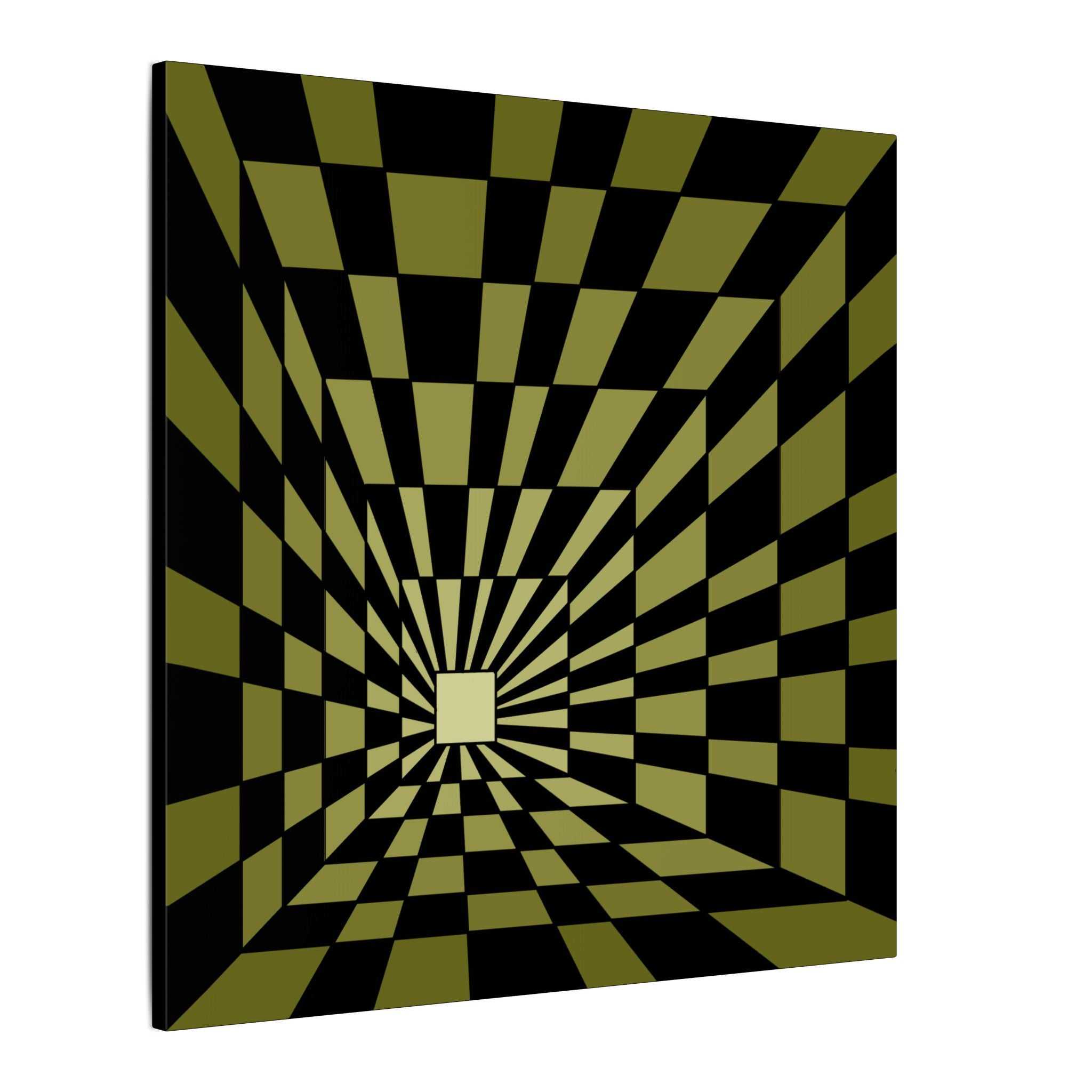 Optical Tunnel Matte Canvas Wall Art — Green & Black Checker Illusion